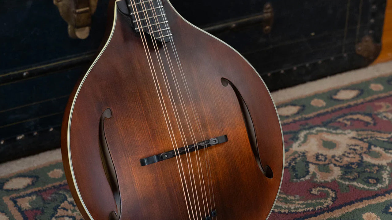 A brown wooden mandolin with f-shaped sound holes rests on a patterned rug in front of a black trunk.