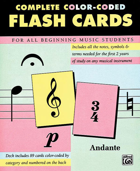 Cover of Harris Tellers Complete Color-coded Flash Cards features a pastel background with musical symbols including a treble clef, quarter note, dynamic marking p, 3/4 time signature card, and text for beginner music notation study.