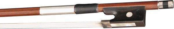 Close-up of the Howard Core 1076VN 3/4 Violin Bow shows its ebony frog, octagonal brazilwood shaft, metal winding, black leather grip, and silver fittings.