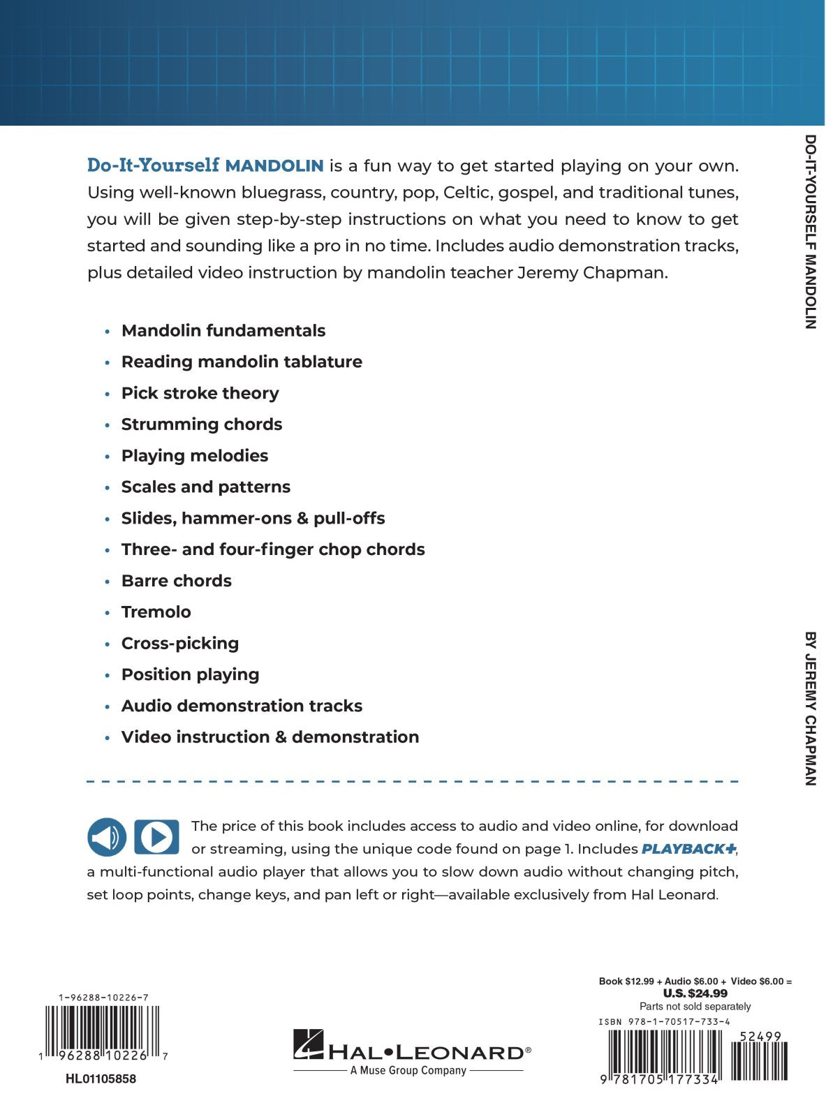 Back cover of Do-It-Yourself MANDOLIN Book by Jeremy Chapman (Hal Leonard Corp.) with a description, mandolin lesson topics in bullets, a shaded box for included online audio/video, and publisher info at the bottom.