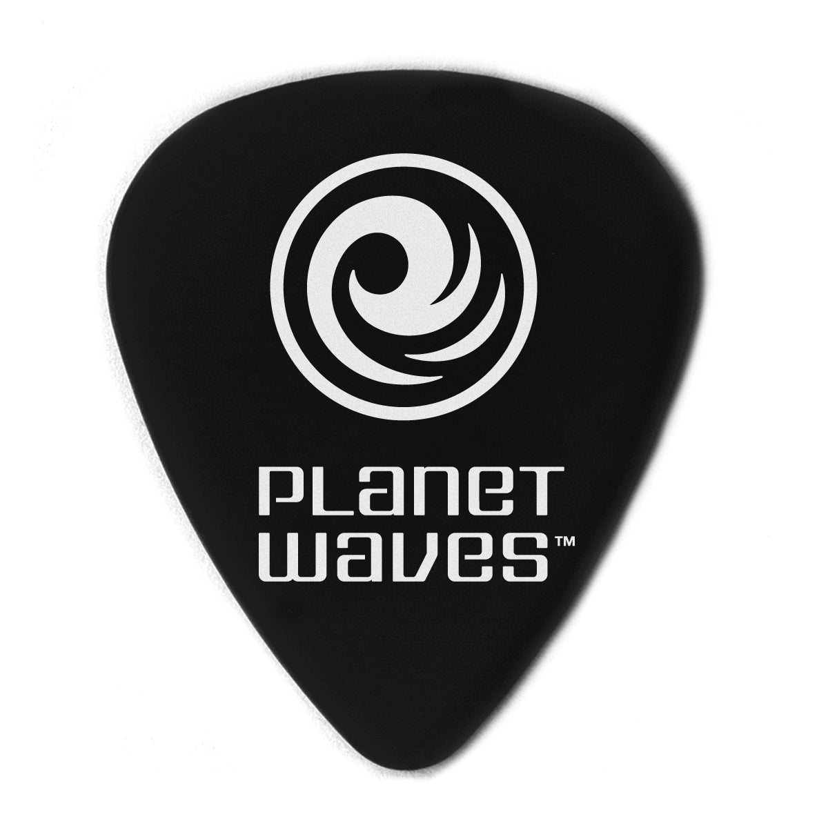 A black DAddario Duralin Flatpick with a white spiral logo and bold PLANET WAVES text—ideal for those who prefer extra heavy picks. Comes in a 10-pack from DAddario.