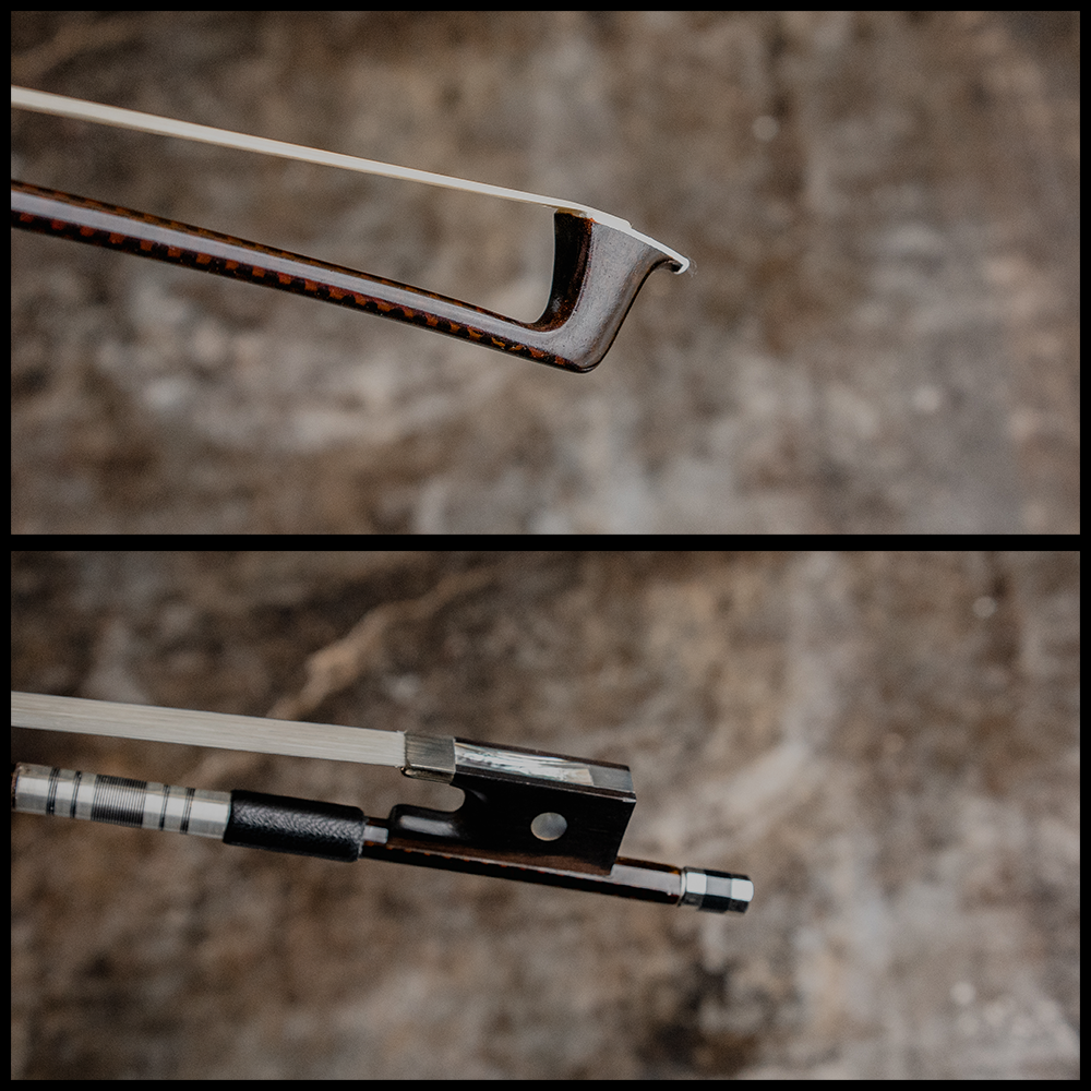 Close-up photos of the Howard Core Carbon 400 Series Bow V/N 4/4 show the curved tip and ebony frog, screw, and grip, set against a blurred brown background. Ideal accessory for acoustic instrument enthusiasts by Howard Core.