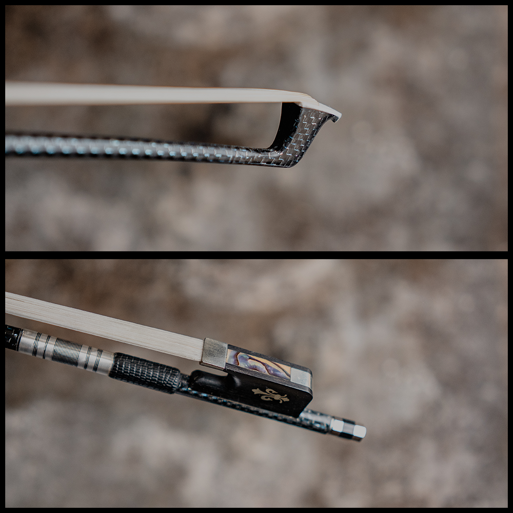 Close-up images of the Howard Core Carbon 300 Full Size Viola Bow BLU show the tip and an ebony frog with metal fittings and fleur de lys inlay by Howard Core, set against a blurred brown background.