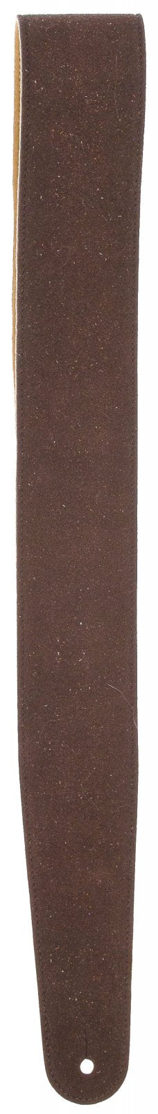 The D'Addario / Planet Waves Suede Guitar Strap Cognac 25SS01-DX features a cognac suede design with a wide end tapering to a narrow tip and a small round hole for guitar attachment.