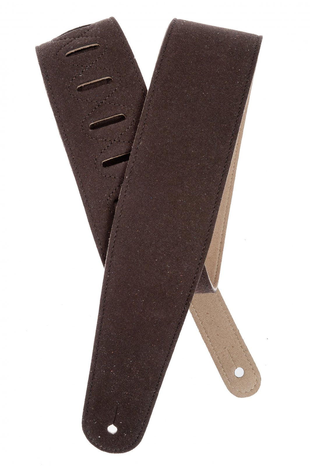 The D'Addario / Planet Waves Suede Guitar Strap Cognac 25SS01-DX, featuring a wide padded design and adjustable slits, is shown crossed over on a white background.