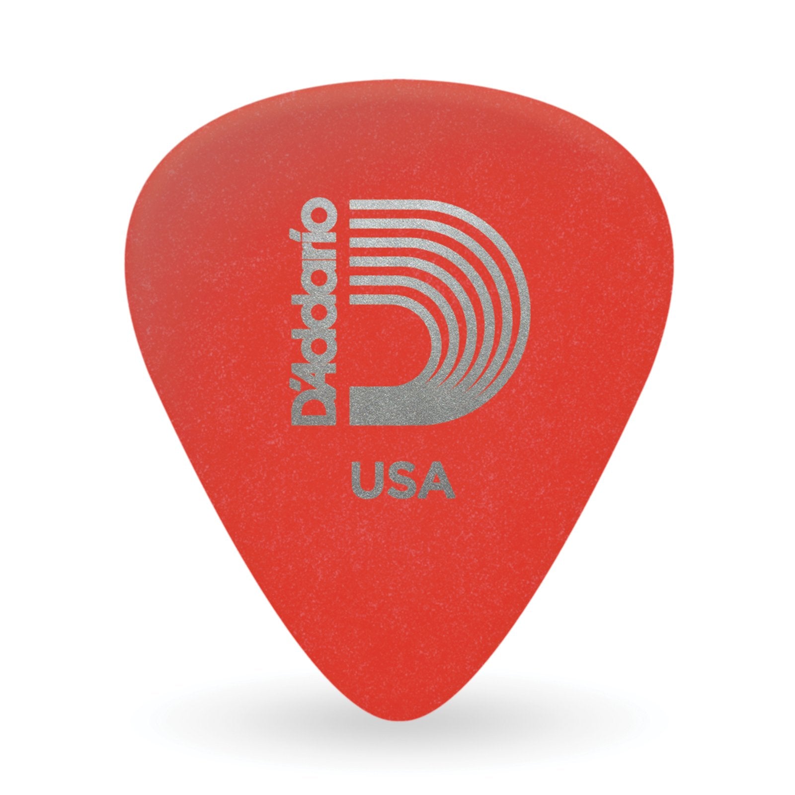 A red DAddario Duralin Flatpick with a classic teardrop shape, matte finish, and silver logo and USA on the front—perfect for players who prefer extra heavy picks. Comes in a 10 pack.