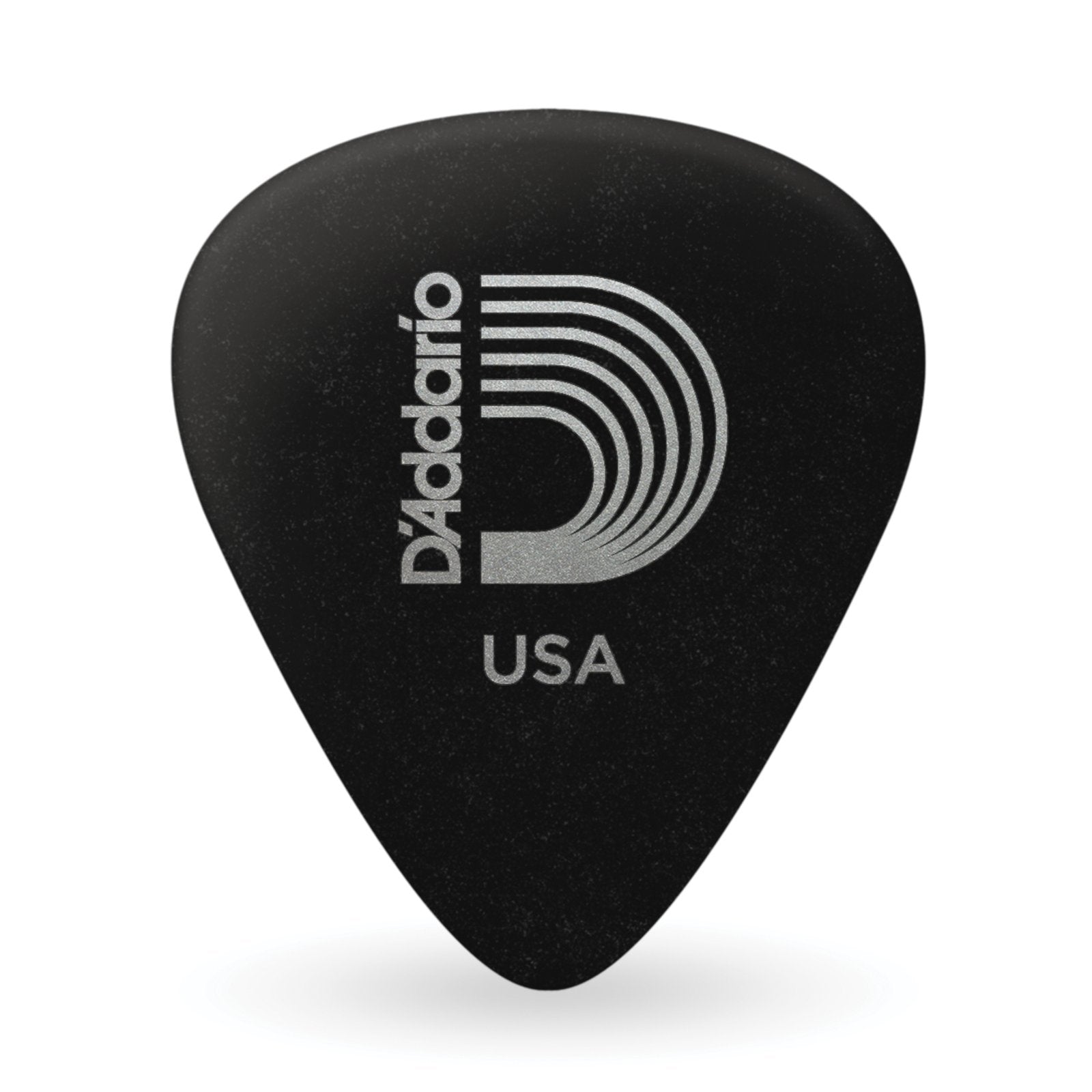 A black DAddario Duralin Flatpick with a white logo and USA text, ideal for players who prefer extra heavy picks. Comes in a 10-pack by DAddario.