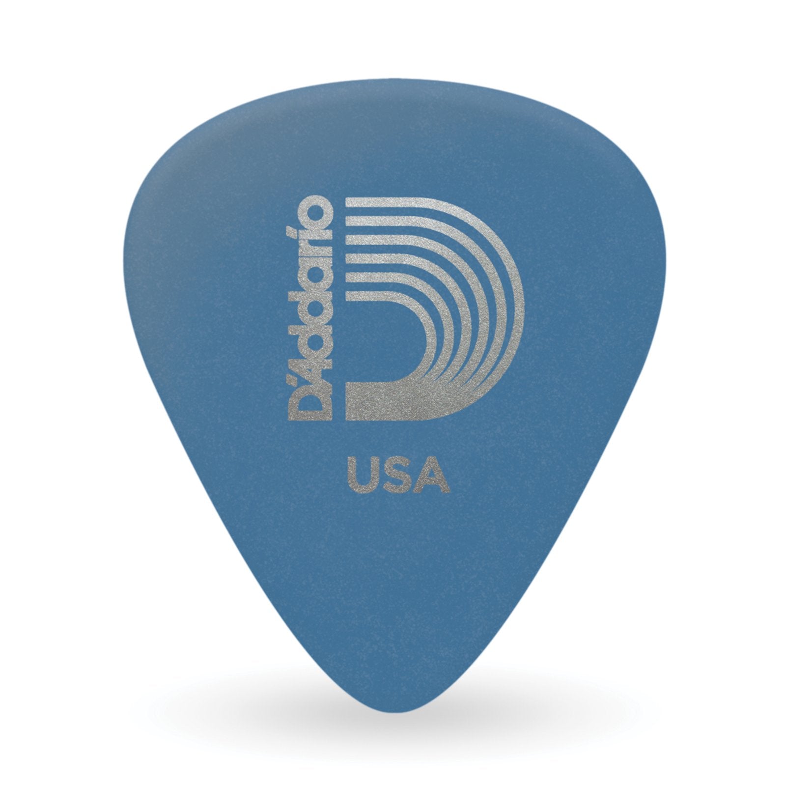 A blue DAddario Duralin Flatpick featuring a silver logo and “USA” on the front, made from durable Duralin for players who like extra heavy guitar picks; available in a 10-pack from DAddario.