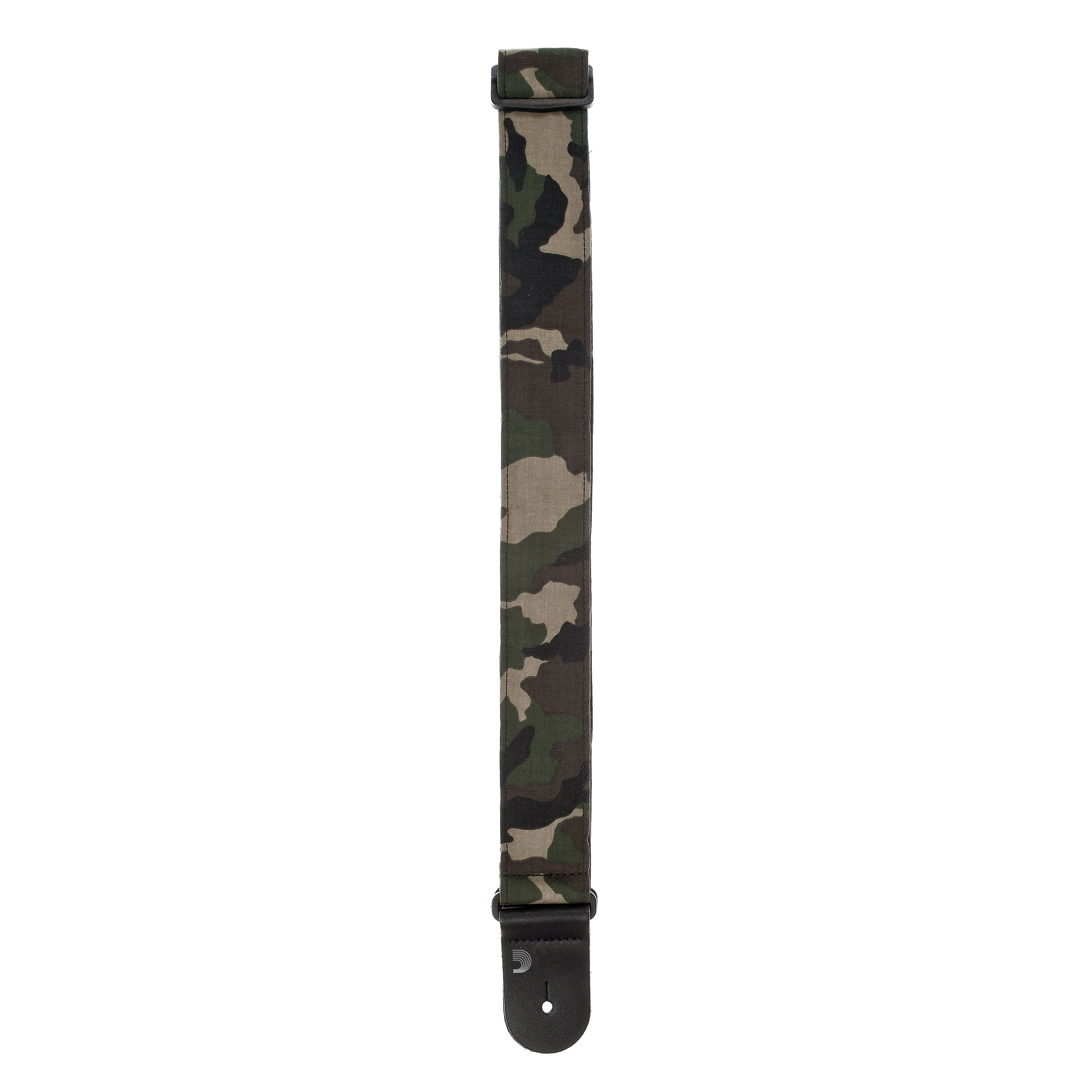 The DAddario Camouflage Guitar Strap features black leather ends and is shown laid flat on a white background.