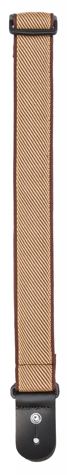 The DAddario / Planet Waves Woven Guitar Strap Tweed 50B06 features brown and tan stripes with black leather ends and is shown vertically on a white background.