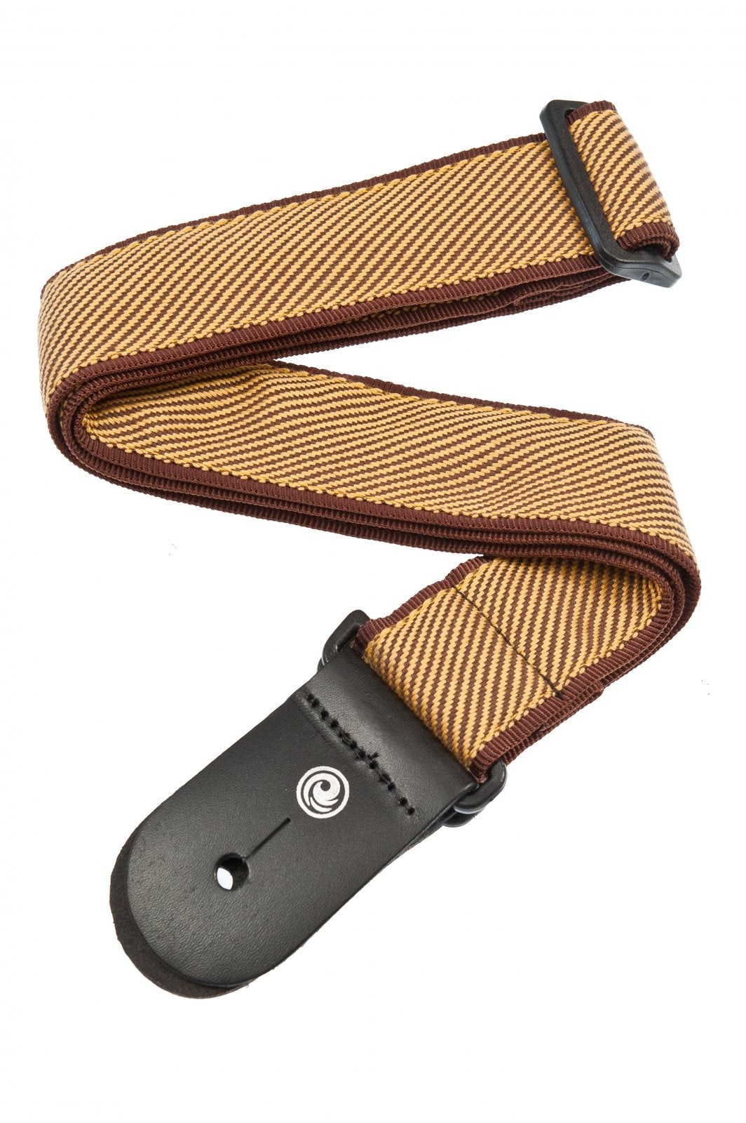 The DAddario / Planet Waves Woven Guitar Strap Tweed 50B06 features brown and tan stripes, black leather ends with a small circular logo, and is shown coiled in an S shape.