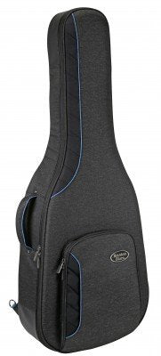 The Reunion Blues Voyager AC/Dread Gtr Bag (RBCA2) is a black padded guitar gig bag with a front zippered pocket, carry handle, and blue edge stitching, inspired by the shock-absorbing protection of RB Continental Voyager cases.