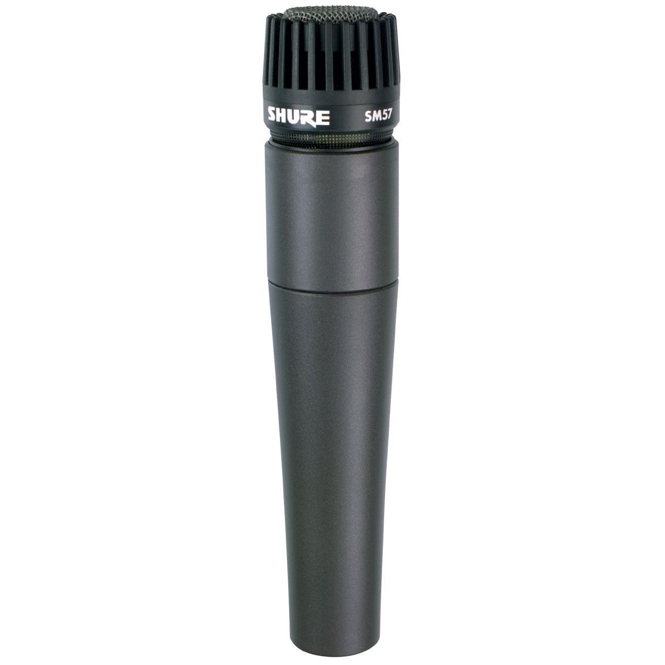 The Shure SM57 Instrument Microphone (SM57-LC) by Shure stands upright on a white background, highlighting its sleek black cylindrical body and metal grille.