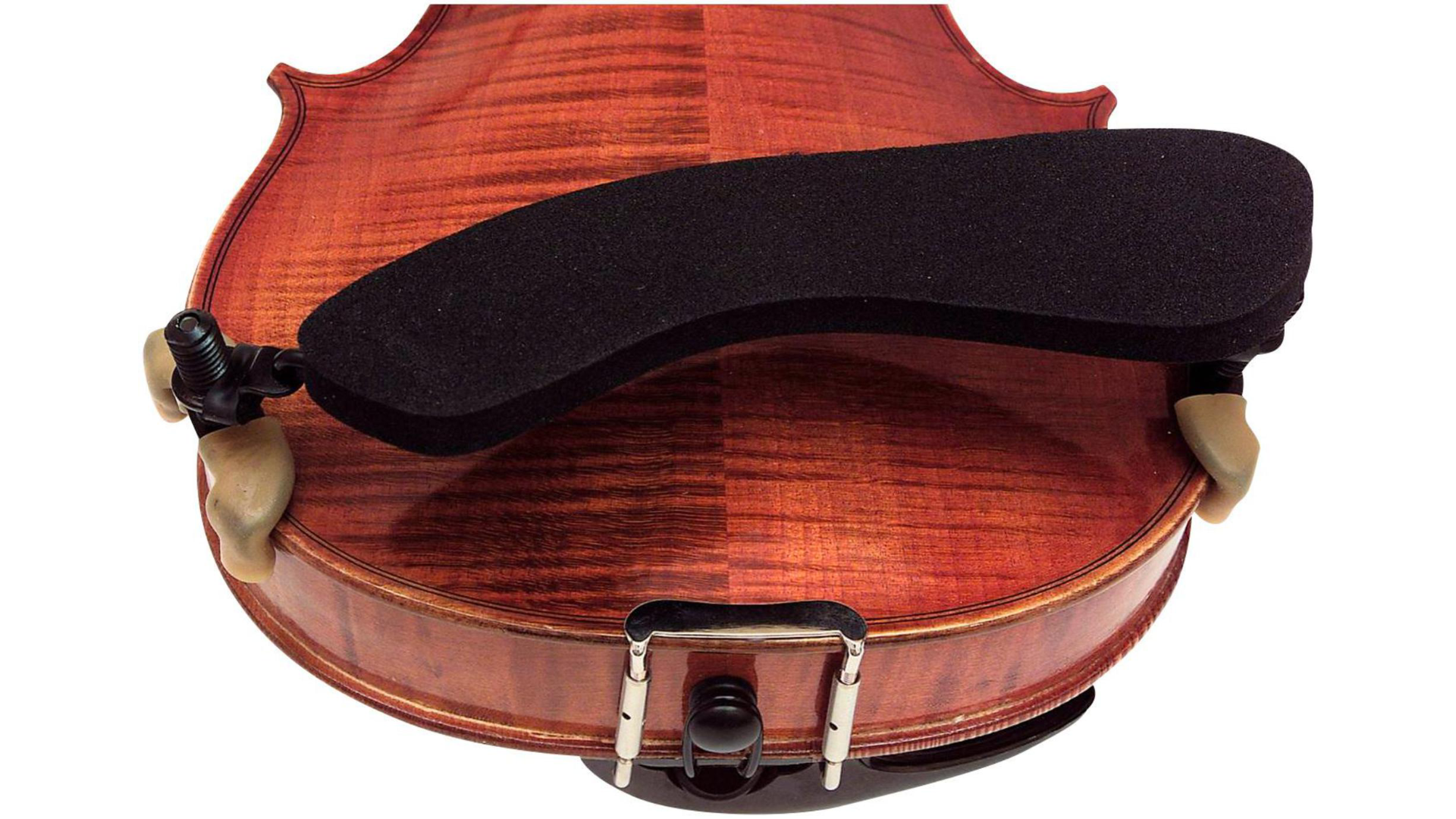 A close-up of a 4/4-3/4 size violin with a Wolf Forte Secondo Shoulder Rest (841230) by Wolf attached, highlighting the wood grain and the clamps securing the rest to the instrument.