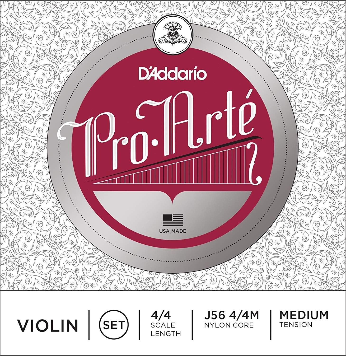 A package of DAddario Pro-Arte (J56) violin strings by DAddario features a decorative silver and red design; this 4/4 scale, medium tension set has synthetic cores for warm tone and is made in the USA.