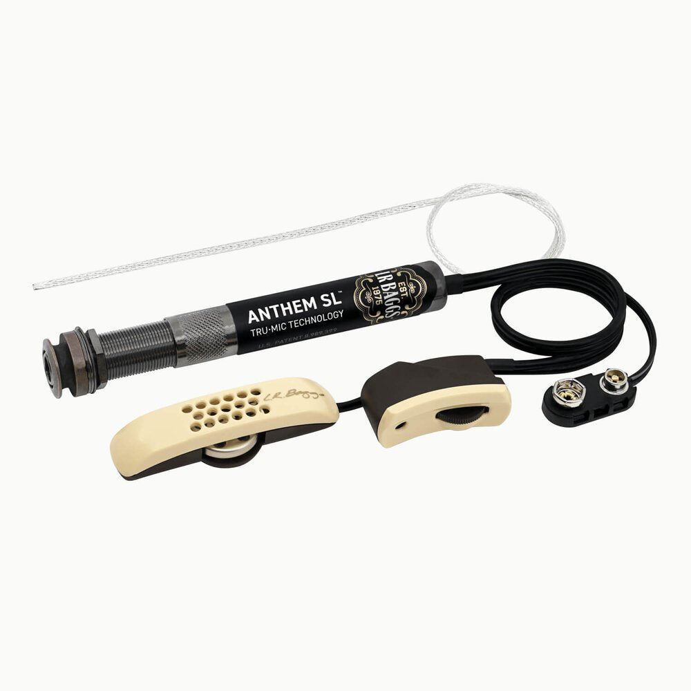 The L.R. Baggs Anthem SL is a black and beige acoustic guitar pickup system featuring TRU•MIC technology, a cylindrical preamp, wiring, endpin jack, and compact Element Pickup parts.