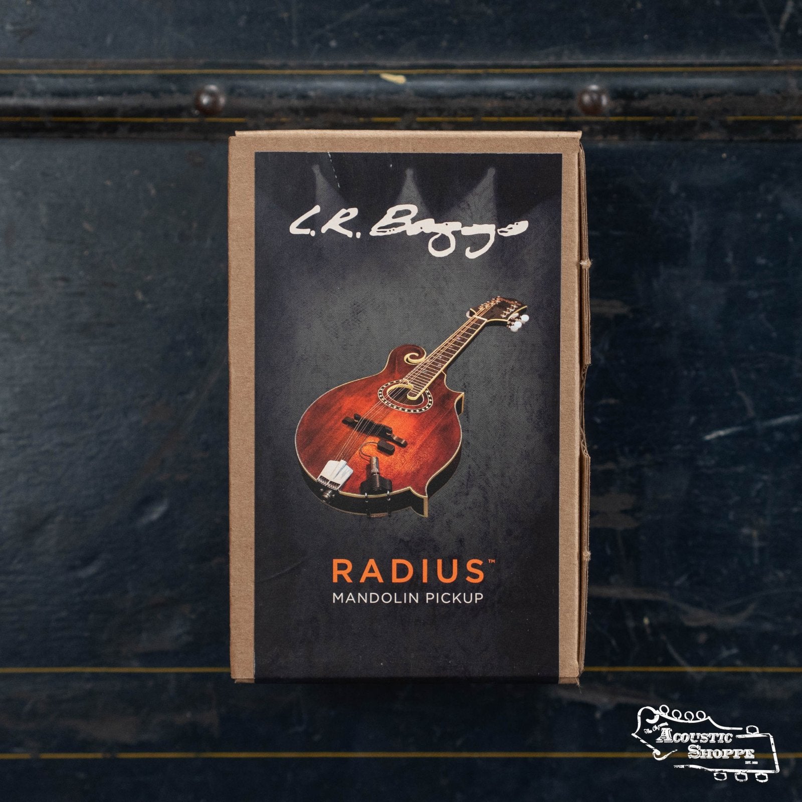 A product box displays the L.R. Baggs Radius Mandolin Pickup, featuring a mandolin image, mic emulation text, a script signature at the top, and the Acoustic Shoppe logo on a dark background.