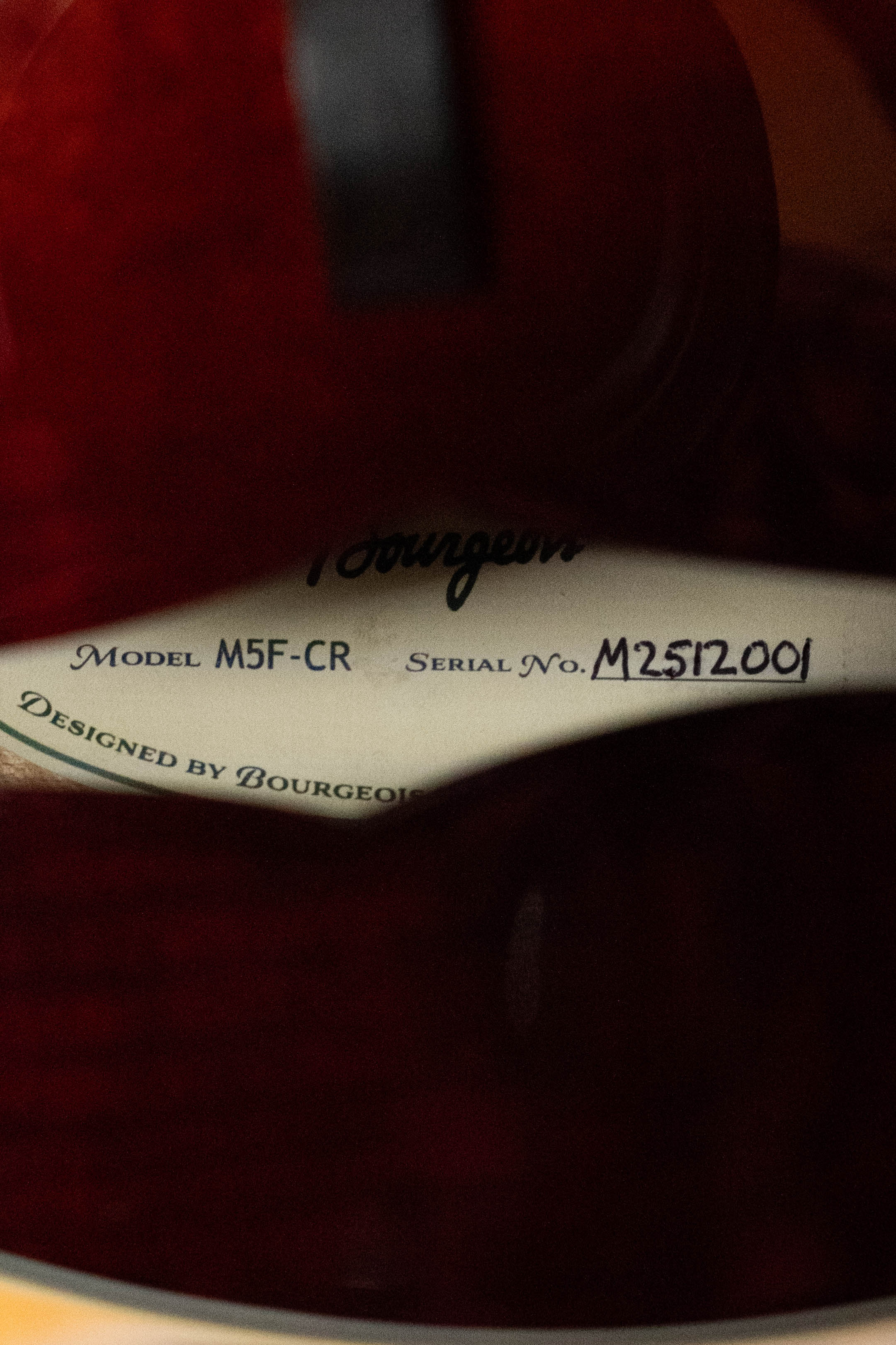 Bourgeois M5-F-CR Aged-Tone Adirondack/Maple Cordovan Red F-Style Mandolin #2001