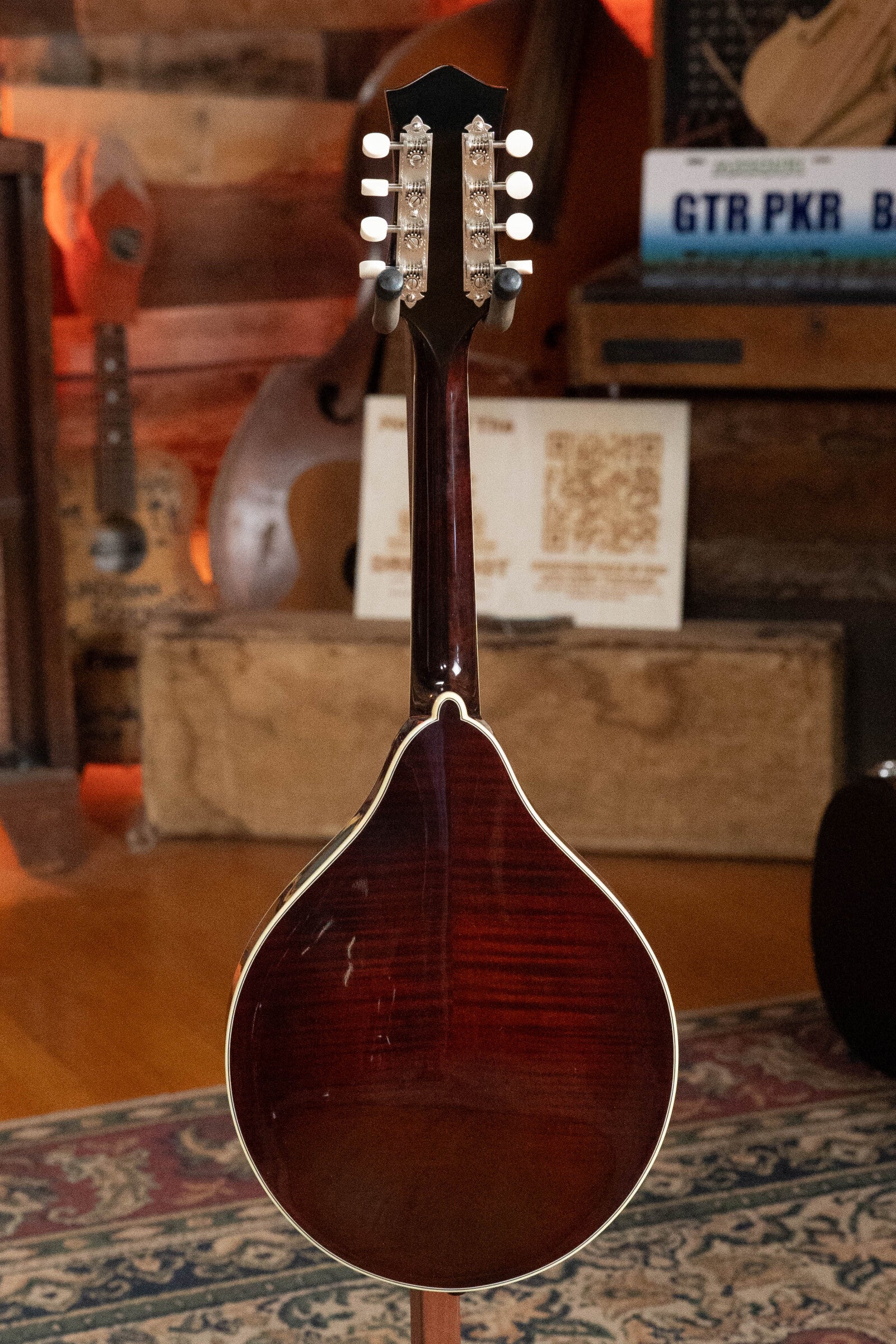 A Bourgeois M5-A-BT Aged-Tone Black Top A-Style Mandolin (#2020) with cream binding stands upright on a patterned rug, surrounded by musical instruments and vintage decor in soft lighting.
