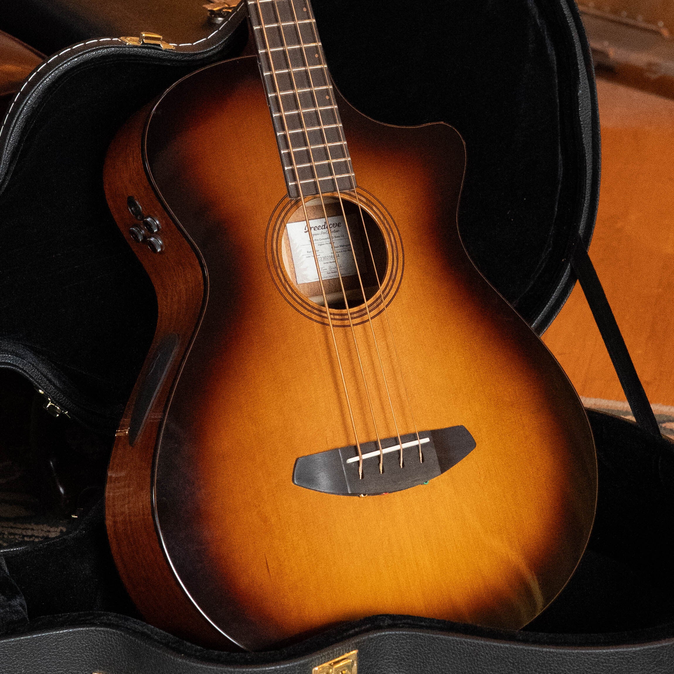A Breedlove Organic Solo Pro Concerto Red Cedar/African Mahogany Edgeburst Cutaway Acoustic Bass with Fishman pickup, featuring a glossy edgeburst finish and four strings, displayed in an open black hard case.