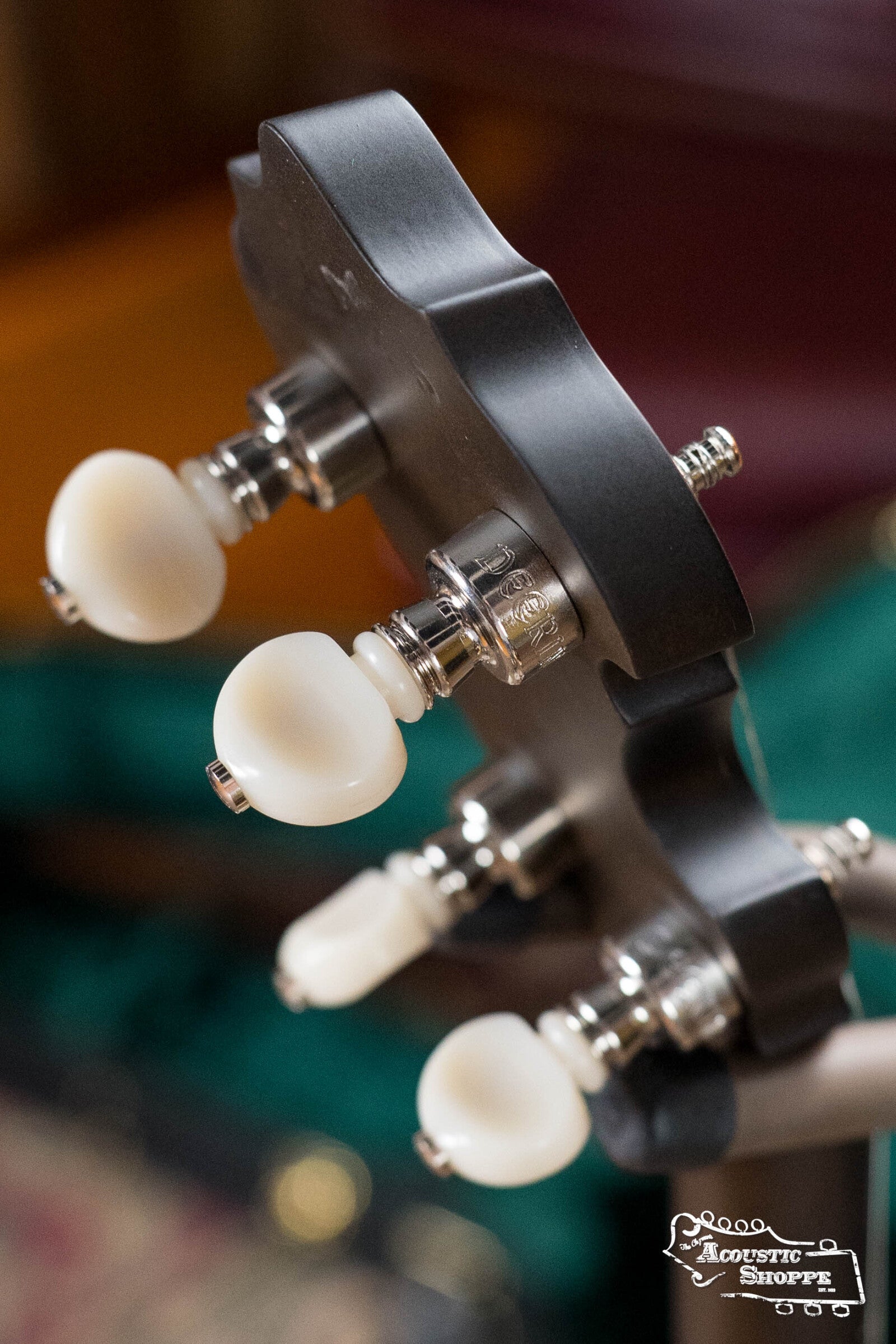 Close-up of the back of a Deering Banjos Rustic Wreath 5-String Resonator Banjo #AU45 headstock, showing four white tuning pegs and metal hardware, with the Acoustic Shoppe logo in the corner against a blurred background.