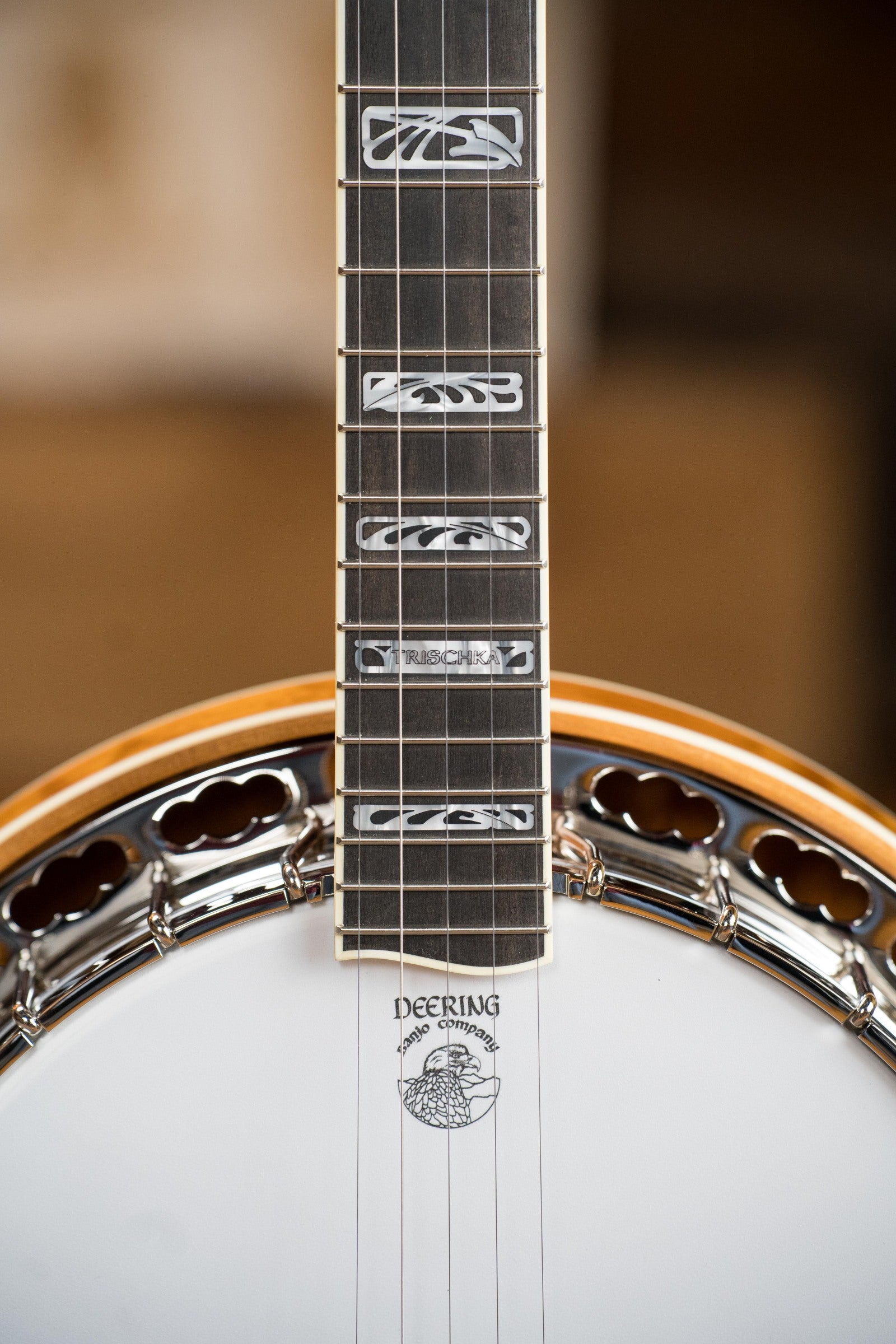 Close-up of a Deering Banjos Tony Trischka Silver Clipper Resonator Banjo w/Spikes Installed at 7, 8, 9, and 10 (#0100), showing the logoed banjo head, detailed inlay, metal rim, and tuners—ideal for bluegrass fans.