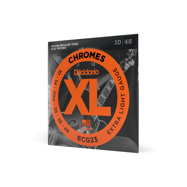 Pick up a pack of DAddario ECG23 Chromes Flat Wound Electric Guitar Strings, Extra Light (10-48), featuring a bold orange circle and striking black background. Find them at your local acoustic music store.