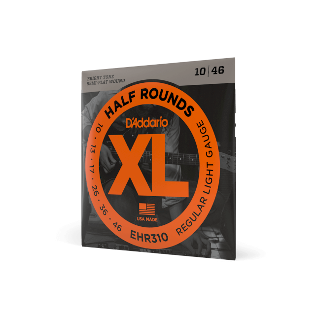 Pick up a set of DAddario EHR310 Half Round Electric Guitar Strings, Regular Light (10-46), from your favorite acoustic music store—packaging features an orange circle design and a photo of someone playing guitar in the background.