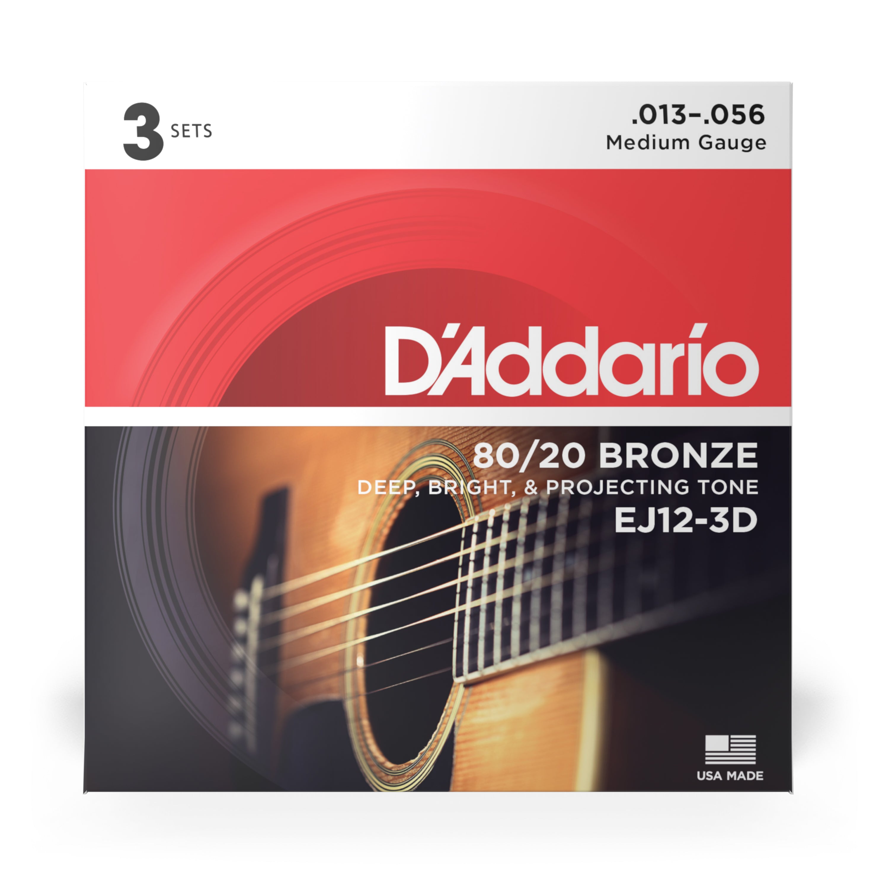 DAddario EJ12-3D Medium 80/20 Bronze Acoustic Guitar Strings 13-56, 3-pack. Features close-up of acoustic guitar, medium gauge (.013–.056), bright, projecting tone, and USA flag in bottom right corner.
