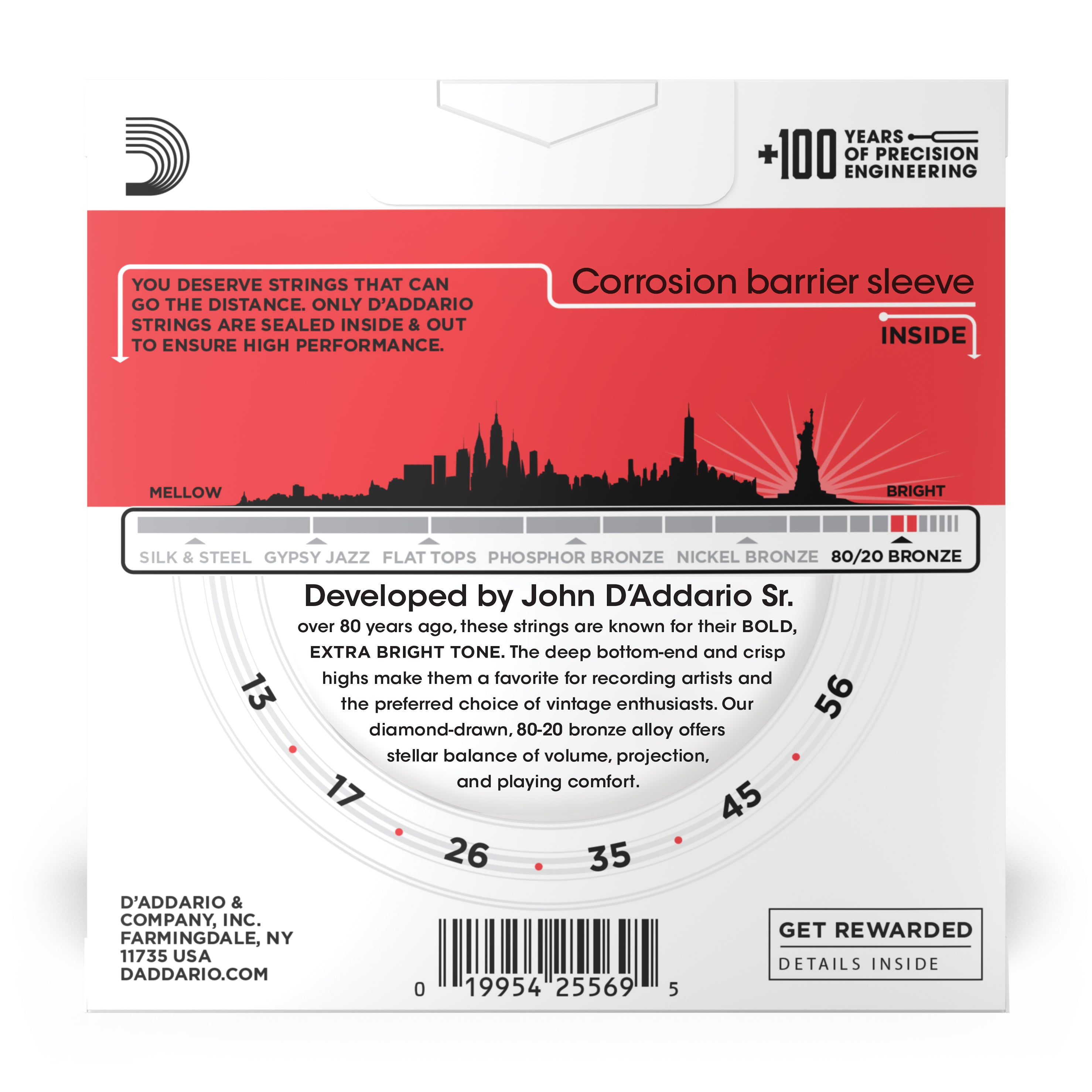 DAddario EJ12-3D Medium 80/20 Bronze Acoustic Guitar Strings (13-56, 3 Pack) offer bright tone, come in a corrosion barrier sleeve, and include a tone meter from mellow to bright. DAddario company info is printed at the bottom.