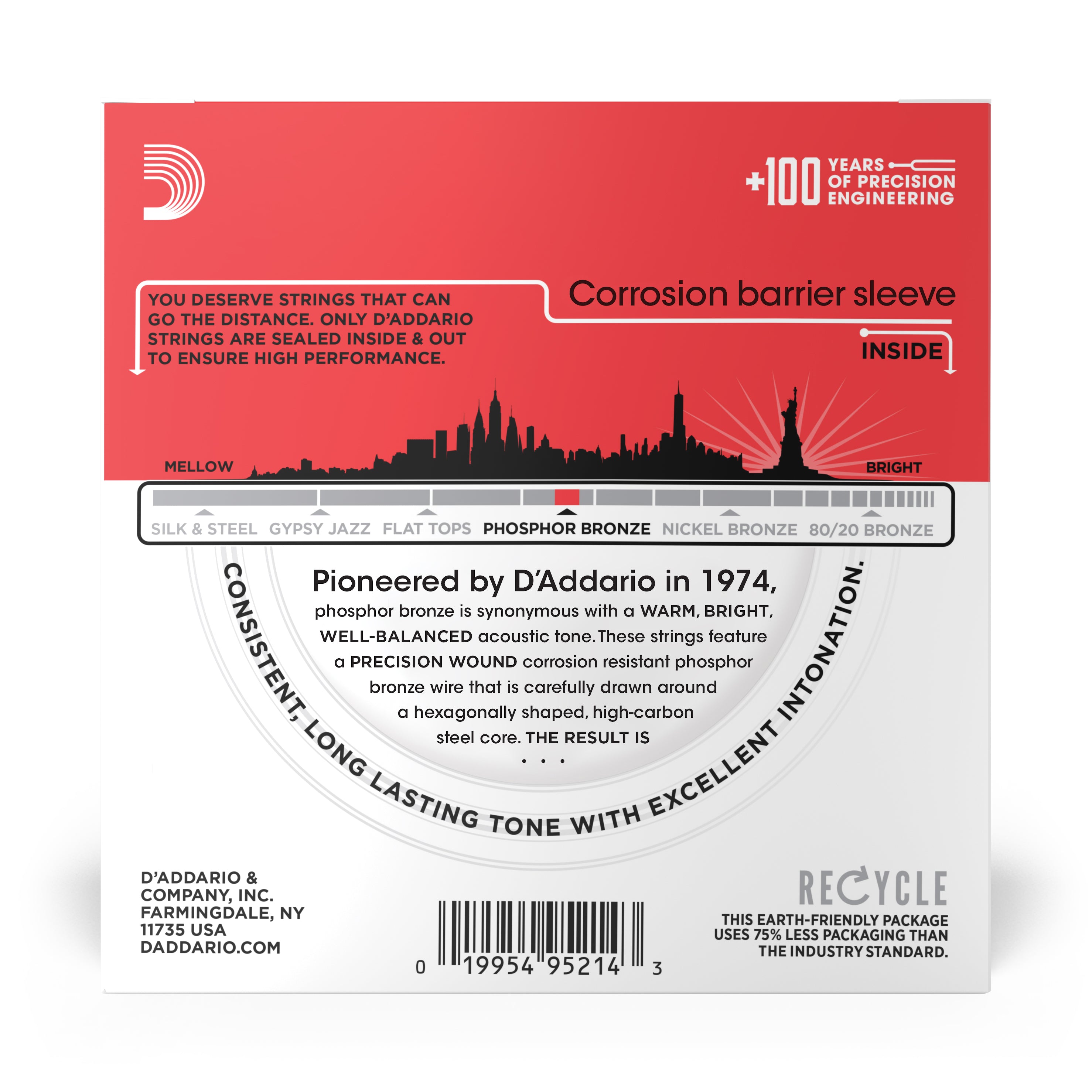 The DAddario EJ17-10P Phosphor Bronze Acoustic Guitar Strings package features a corrosion barrier sleeve, balanced tone info, and sustainability details, with text and graphics on a white and red background.