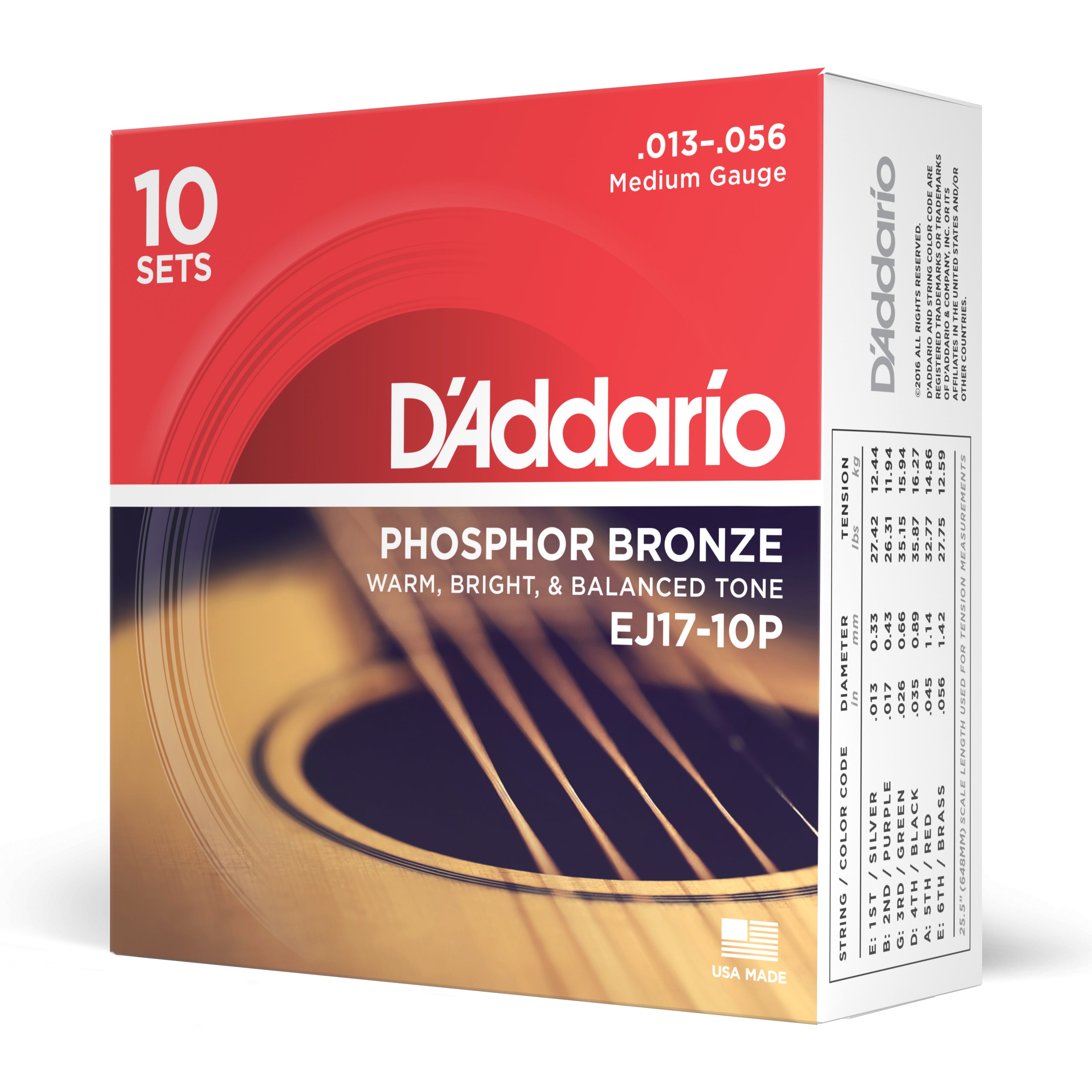 A box of DAddario EJ17-10P Phosphor Bronze Acoustic Guitar Strings, medium gauge (13-56), 10 sets, known for a warm, bright, and balanced tone. Brand: DAddario.