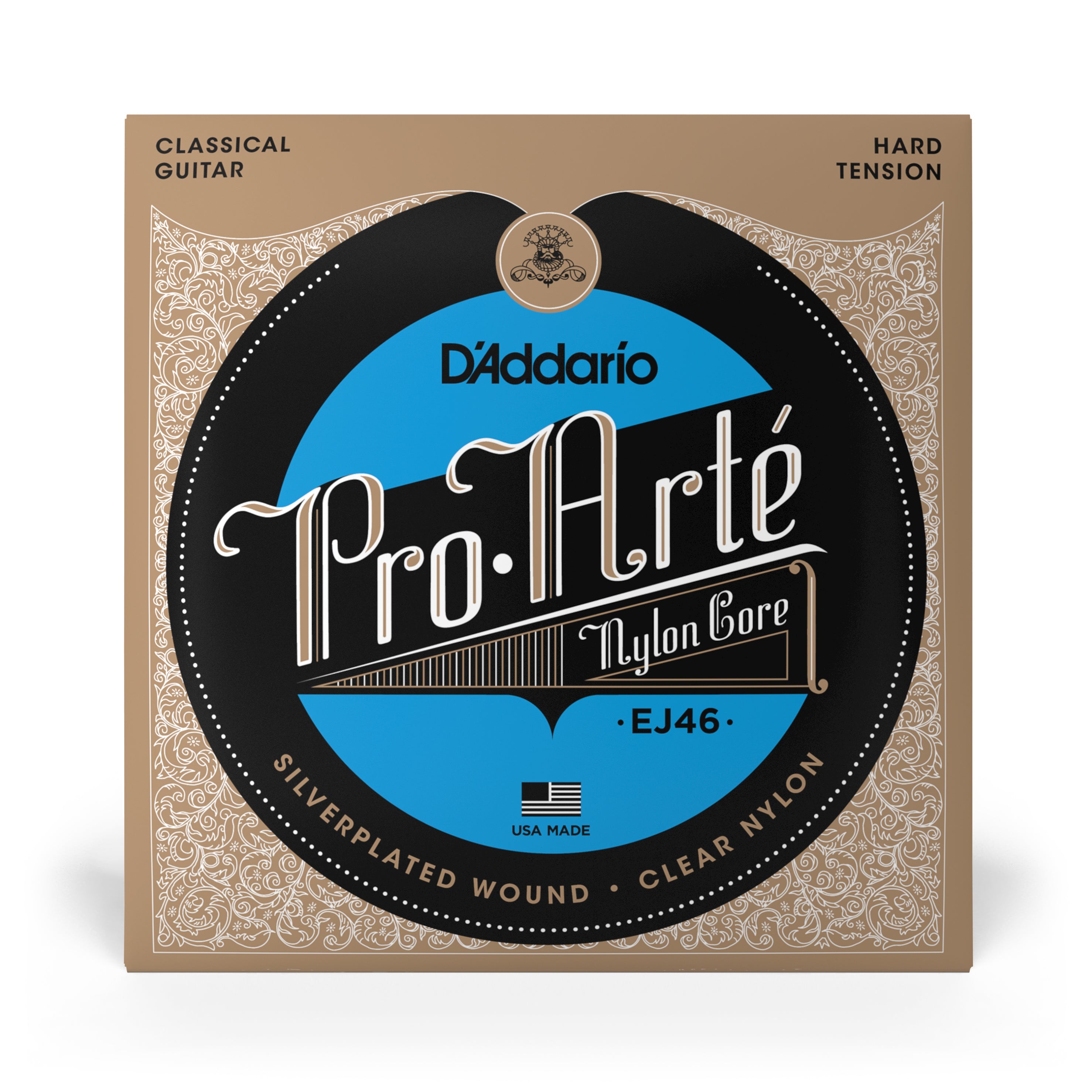 DAddario EJ46 Pro-Arte Nylon Classical Guitar Strings feature hard tension and silverplated wound, clear nylon construction, with packaging in beige and black accented by silver and blue.