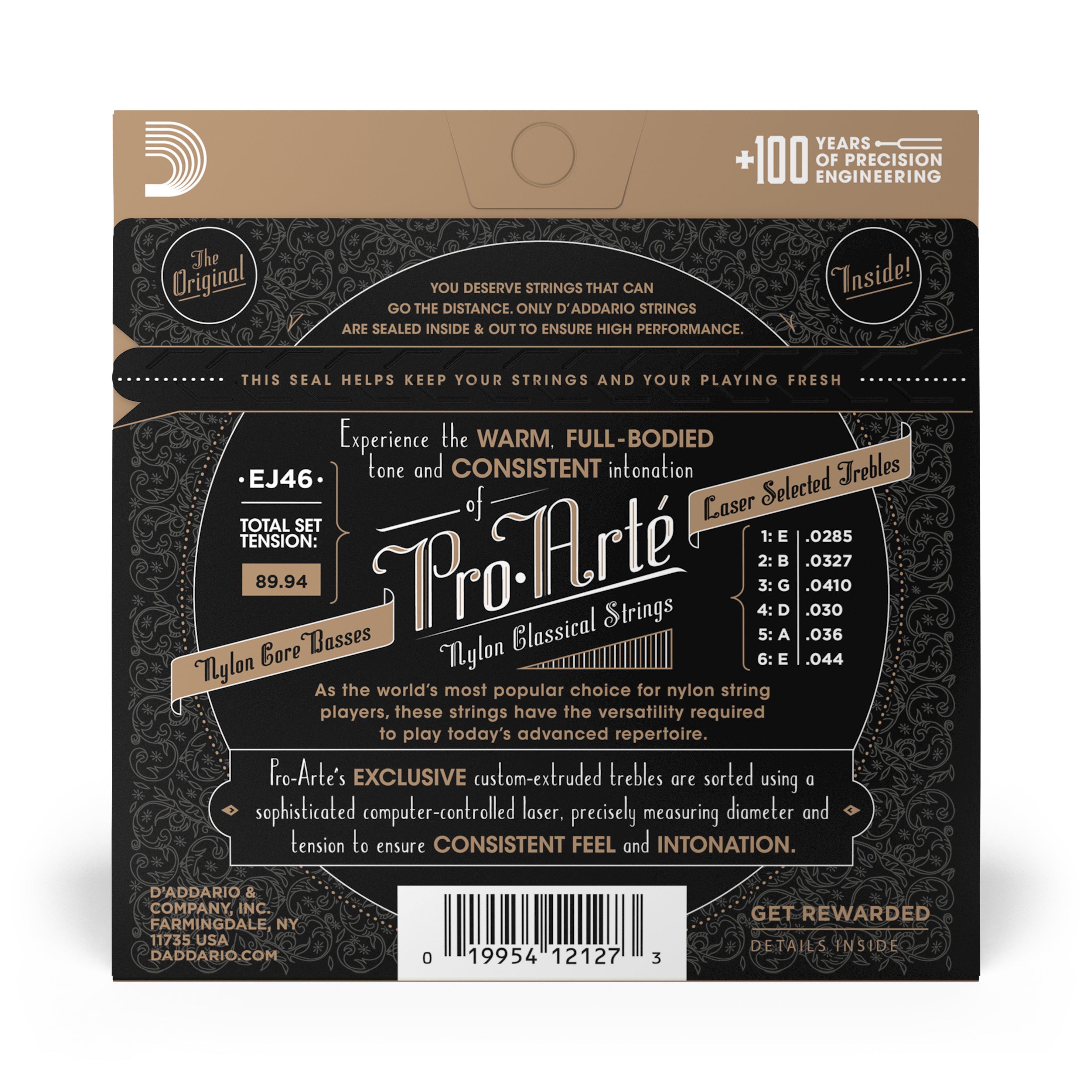 Back of a DAddario EJ46 Pro-Arte Nylon Classical Guitar Strings, Hard Tension package, showing product details, string gauges, DAddario branding, barcode, and promotional text about superior tone quality and the advantages of hard tension.