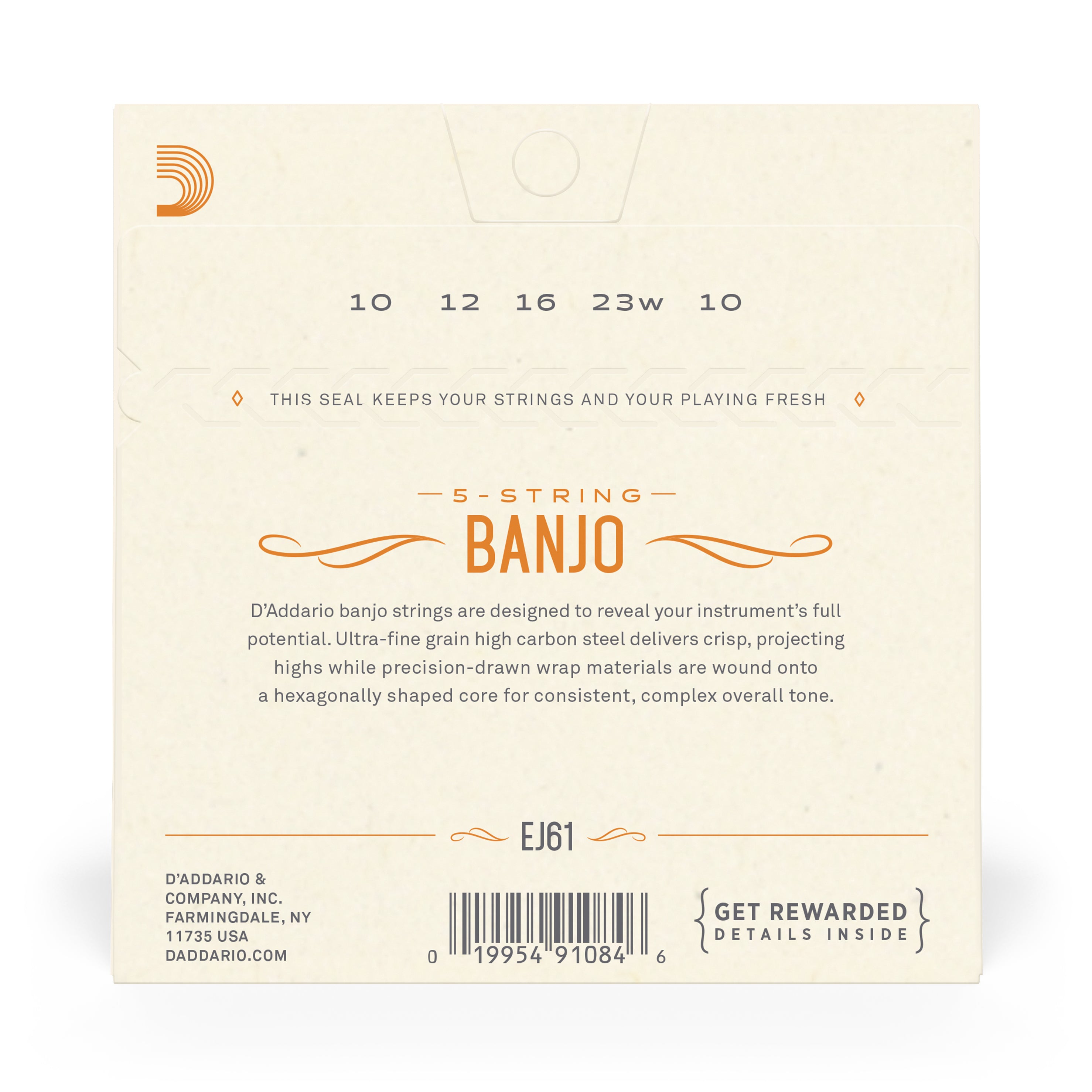 Back of a DAddario EJ61 5-String Banjo Strings pack—nickel, medium 10-23 gauges—shows product info, barcode, company details, and string description. Ideal acoustic accessory from DAddario. Gauge seal lists: 10, 16, 23w, 10, 16.