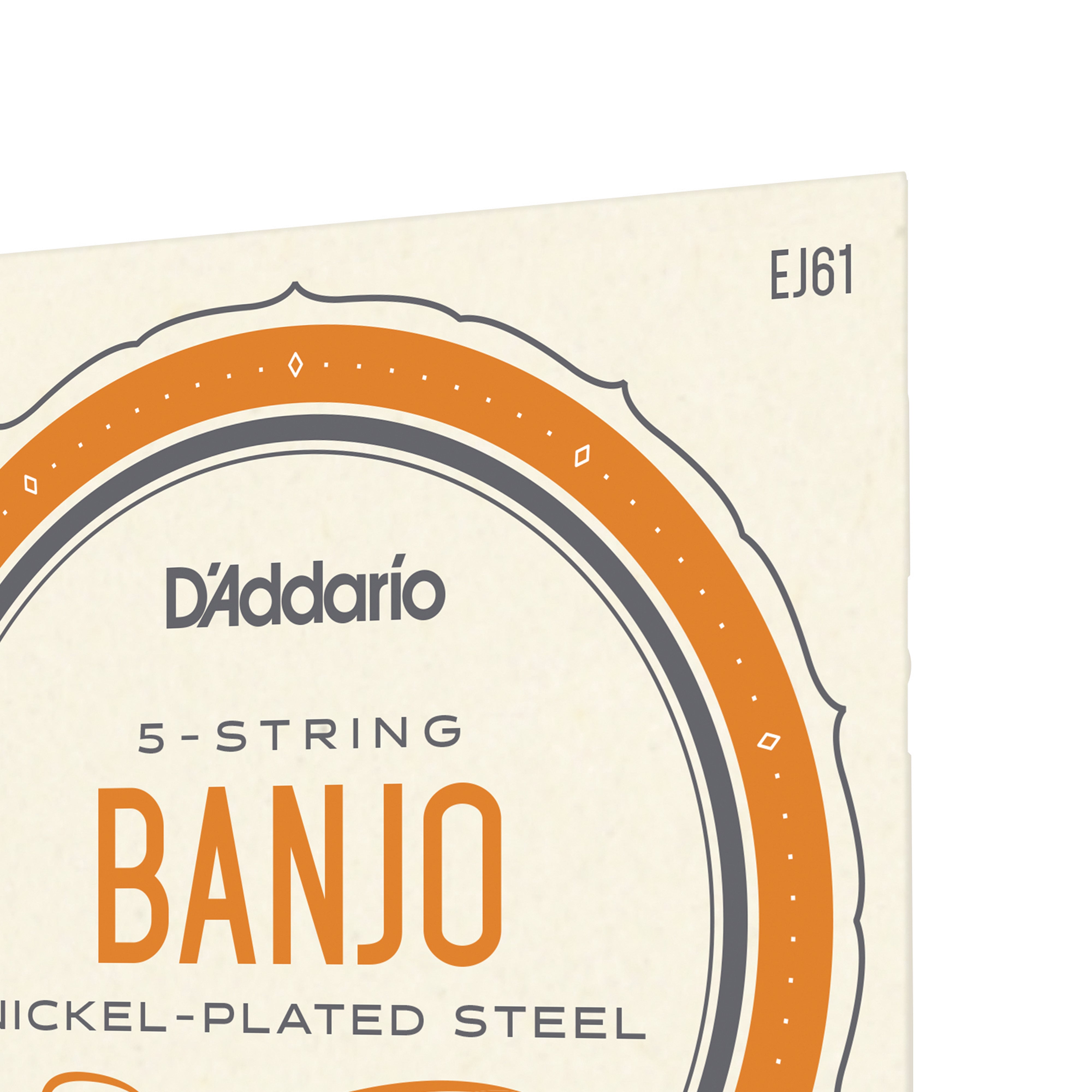 Close-up of DAddario EJ61 5-String Banjo Strings, Medium 10-23, with nickel-plated steel design and orange border packaging, showcasing quality acoustic accessories from DAddario for banjo players.