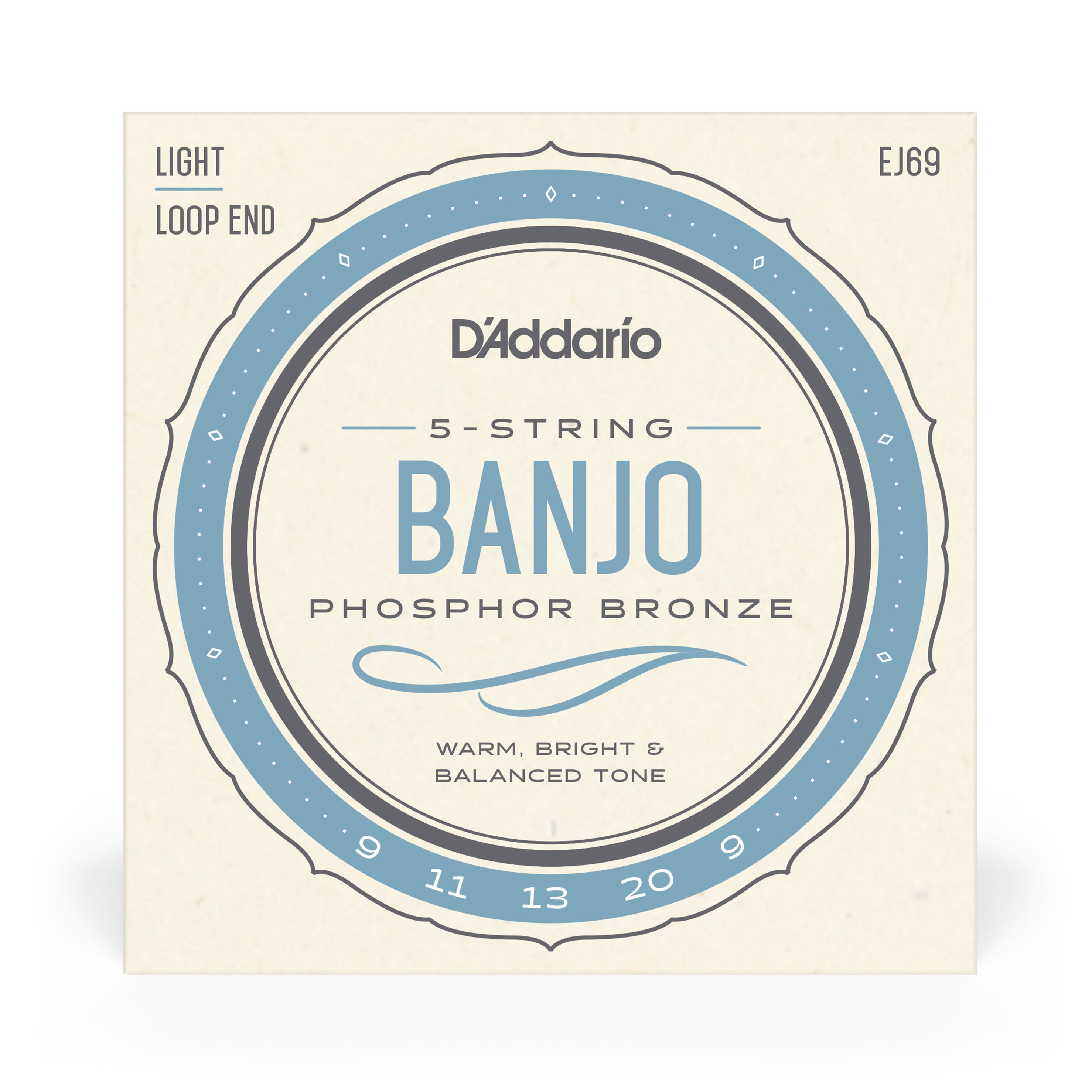 An off-white pack of D'Addario EJ69 5-String Banjo Strings (Phosphor Bronze, Light, 9-20) features blue and gray circular designs with text noting warm, balanced tone and light playing tension.