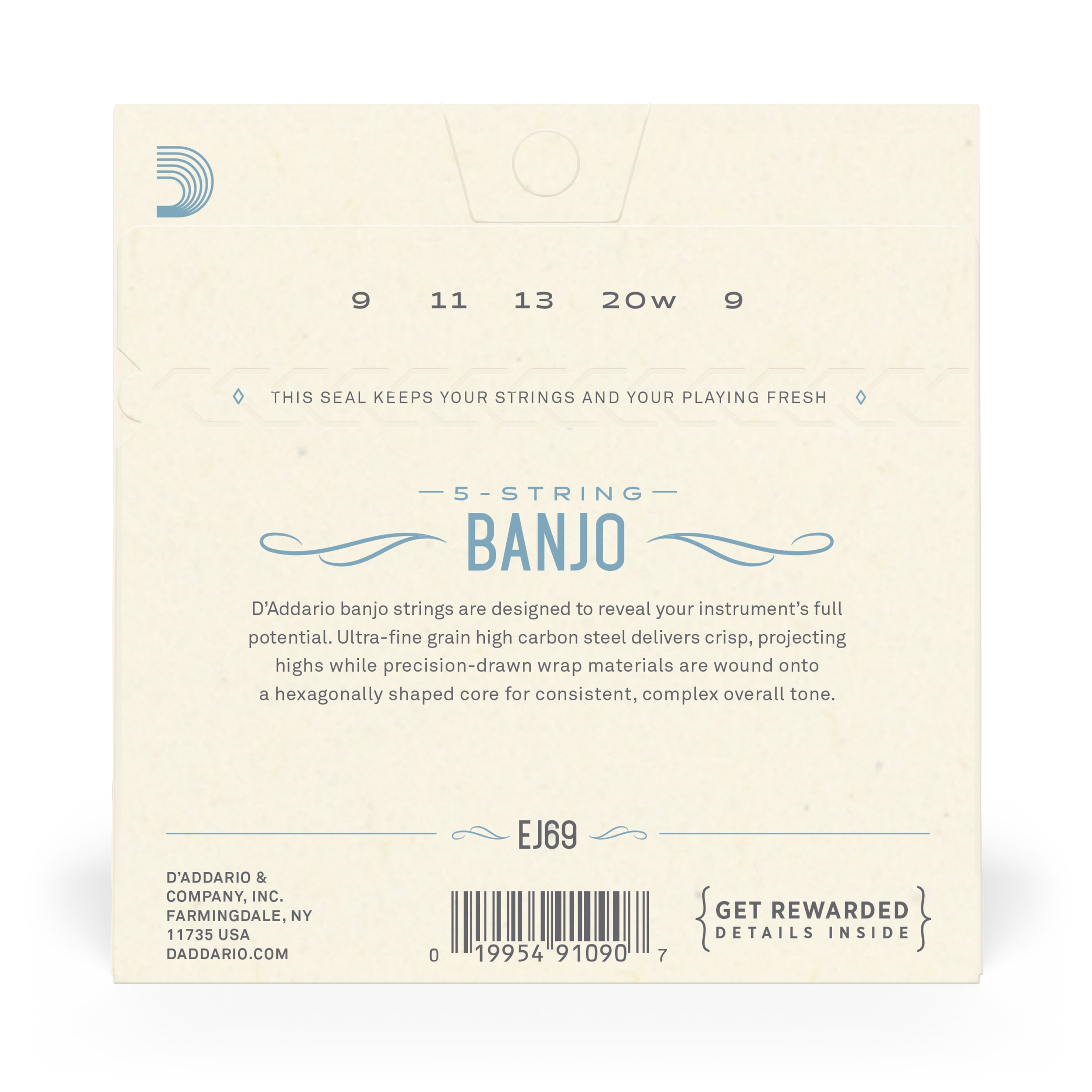 Back of a D’Addario EJ69 5-String Banjo Strings (Phosphor Bronze, Light, 9-20) pack: highlights warm balanced tone, freshness seal, barcode, company address, product code EJ69. Cream background with blue and gray text and design.