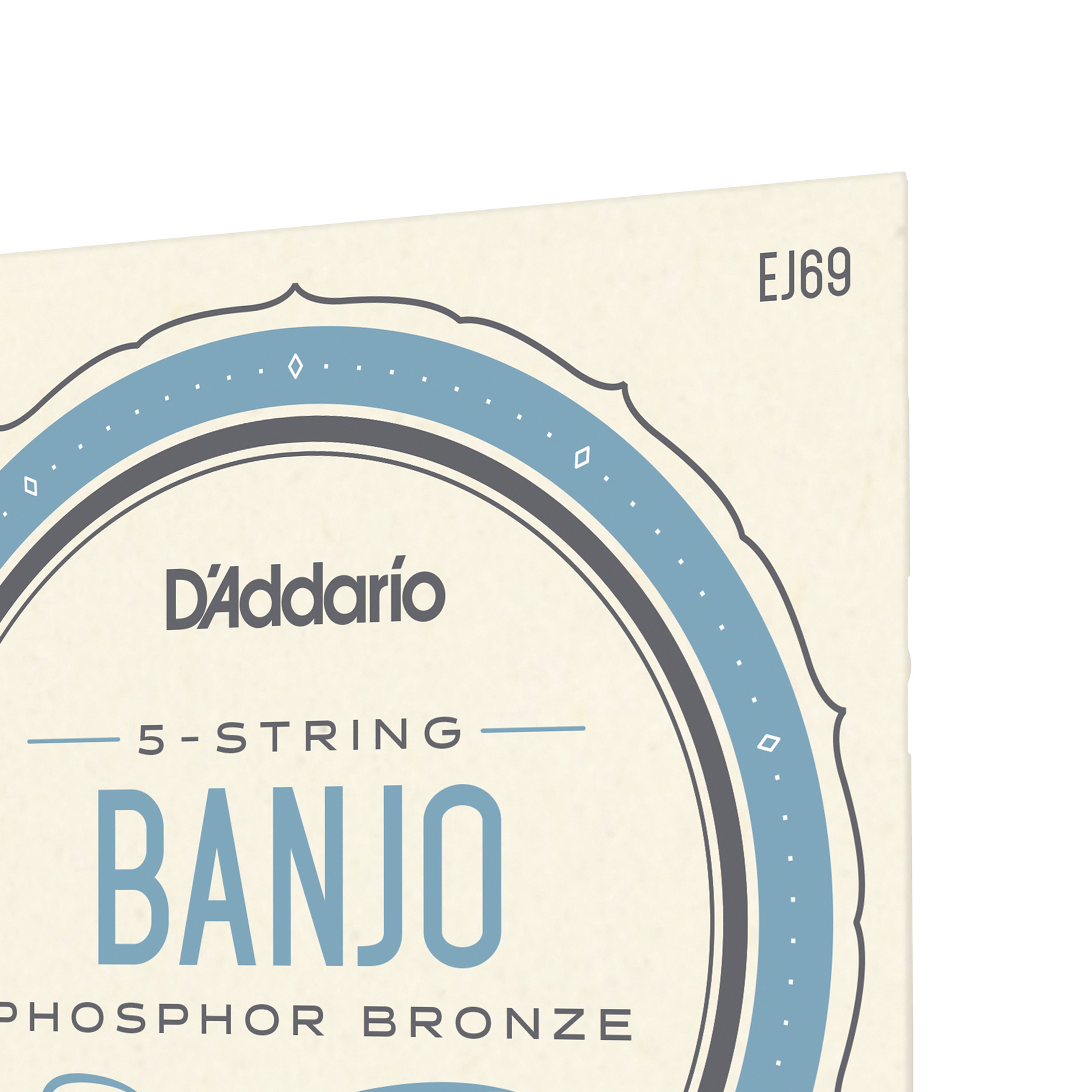 Close-up of D'Addario EJ69 5-String Banjo Strings, Phosphor Bronze, Light, 9-20 packaging by D'Addario. Blue circular border and bold text showcase their warm, balanced tone and light tension for easy playability.