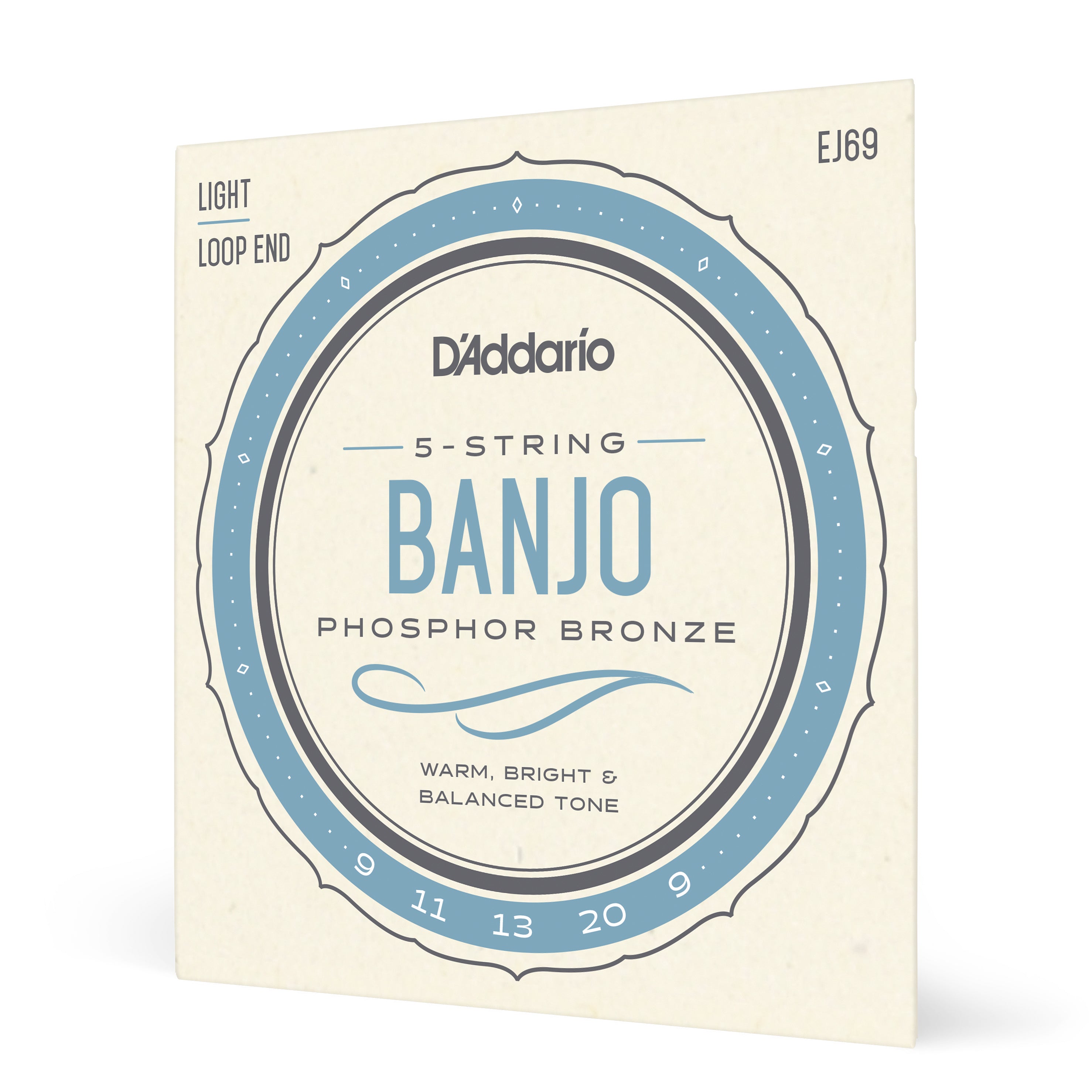 The D'Addario EJ69 5-String Banjo Strings, Phosphor Bronze, Light (gauges 9-11-13-20-9), feature a blue and beige circular package design stating “Warm, Bright & Balanced Tone” and highlighting light tension.