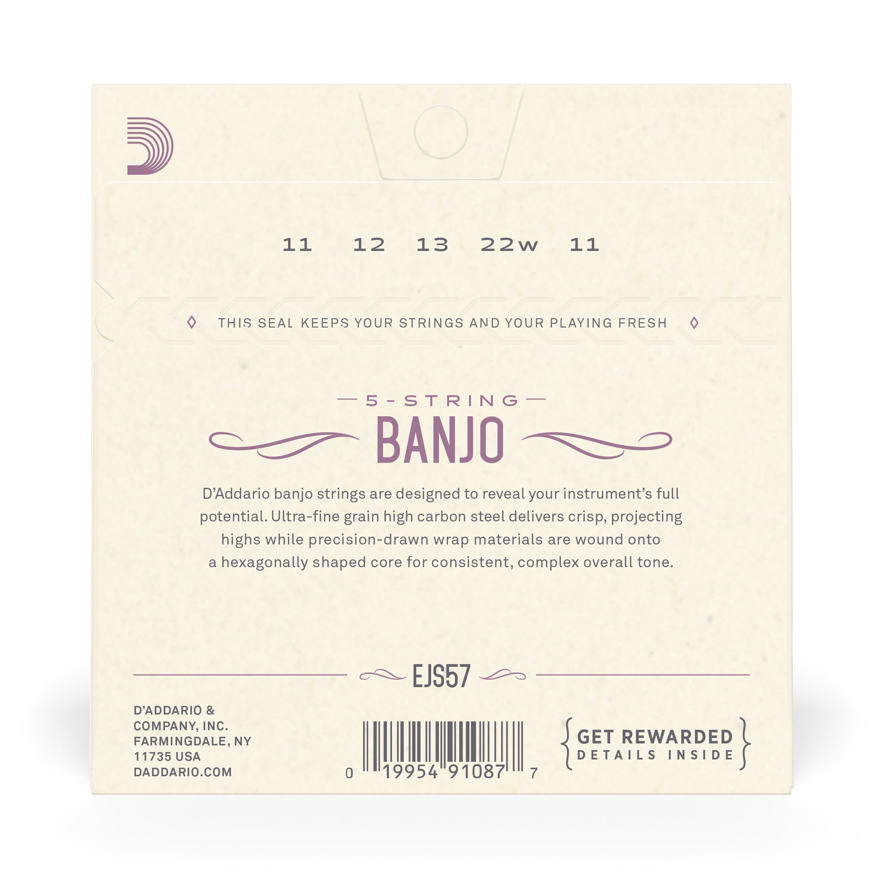 Back of a DAddario EJS57 5-String Banjo Strings, Stainless Steel, Custom Medium, 11-22 package with product info, string freshness details, barcode, company info, and a call to get rewarded for details inside.