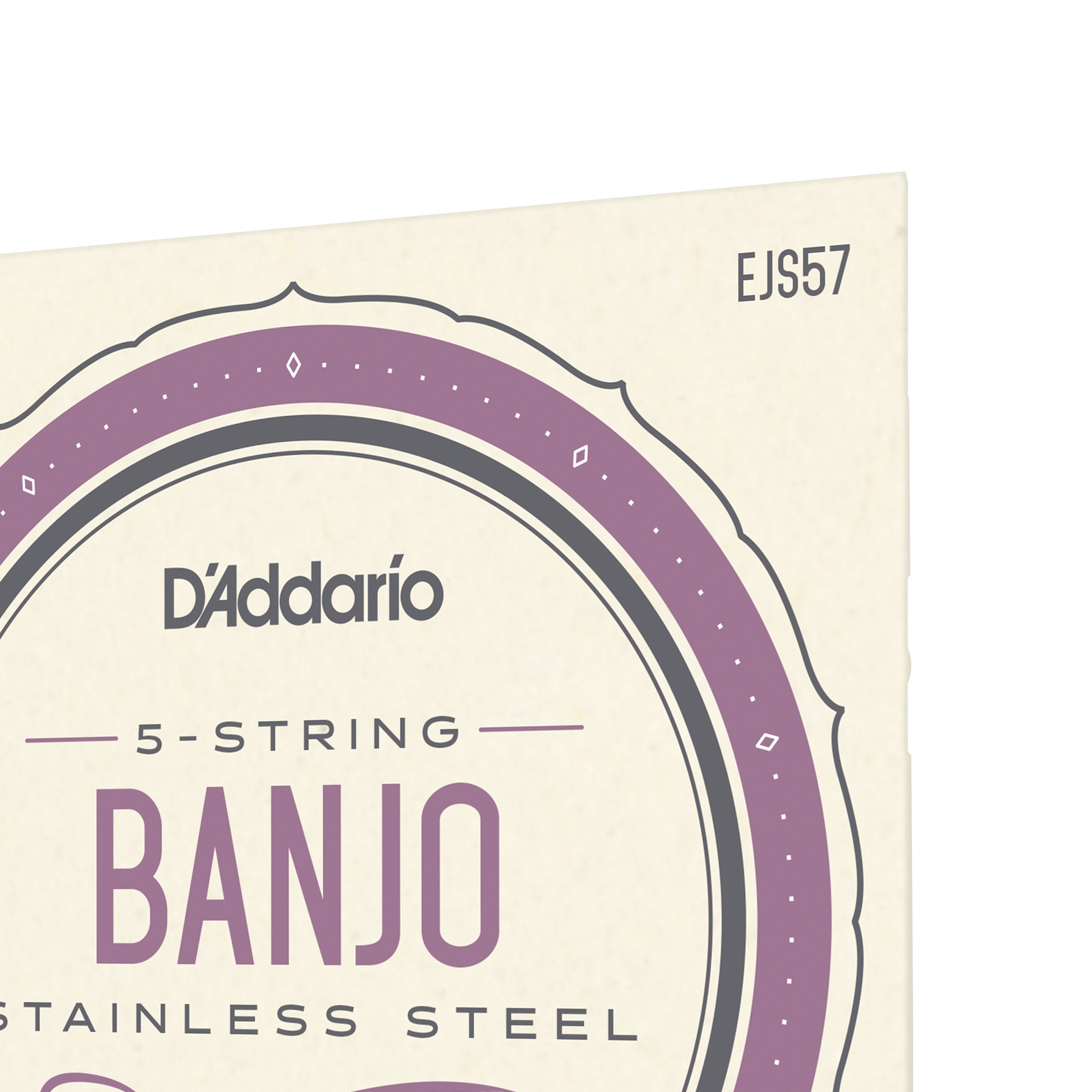 A close-up of DAddario EJS57 5-String Banjo Strings packaging, with a circular purple design, BANJO and STAINLESS STEEL text. These custom medium (11-22) strings are ideal for heavy picking. Brand: DAddario.