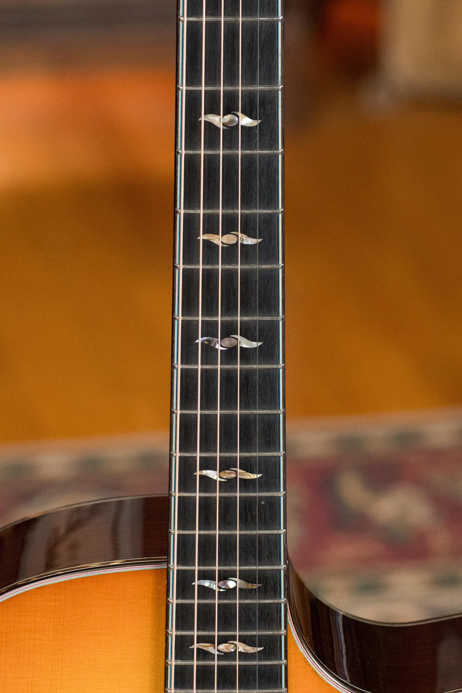 Grand auditorium acoustic guitar neck with rosewood fretboard and unique bird-shaped fret inlays. - Eastman AC722CE-DF European Spruce/Rosewood Dakota Fade Finish Grand Auditorium w/ LR Baggs Pickup #6872 - Default Title