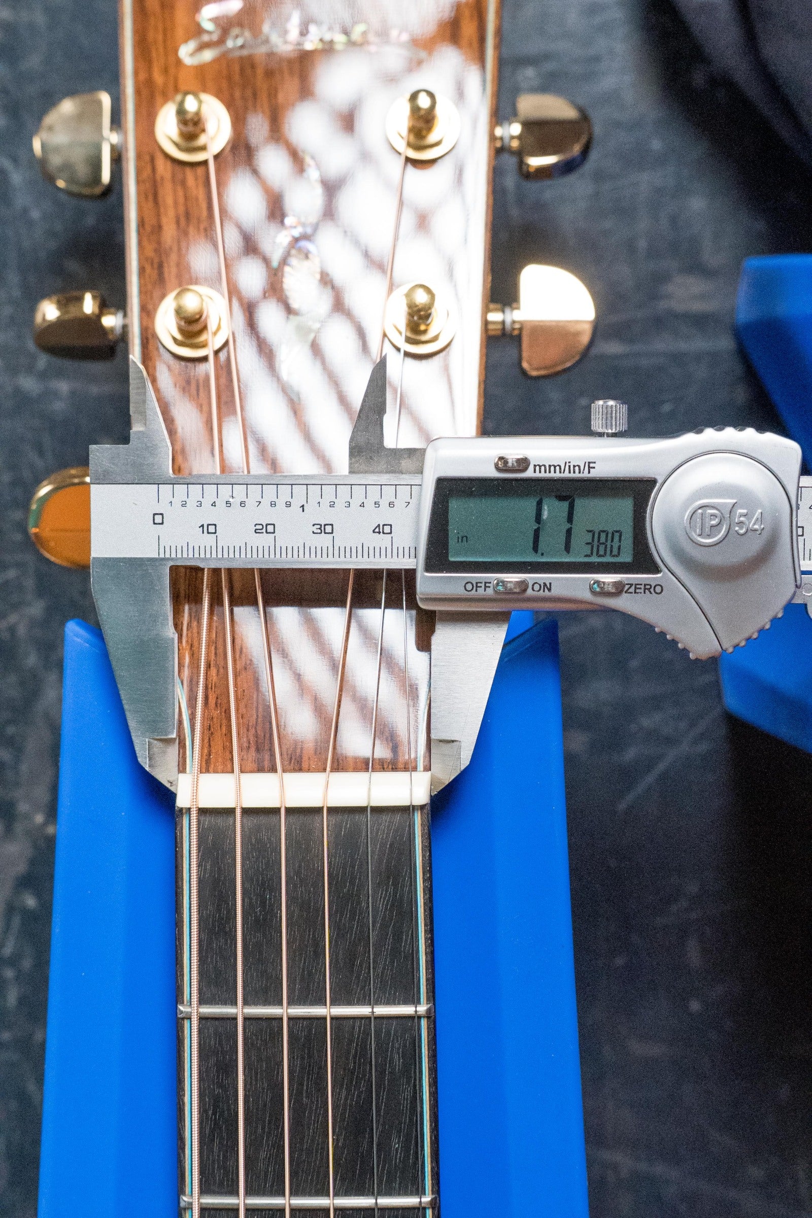 Close-up of acoustic guitar neck with rosewood fretboard, European spruce headstock, and gold tuning pegs measured by. - Eastman AC722CE-DF European Spruce/Rosewood Dakota Fade Finish Grand Auditorium w/ LR Baggs Pickup #6872 - Default Title