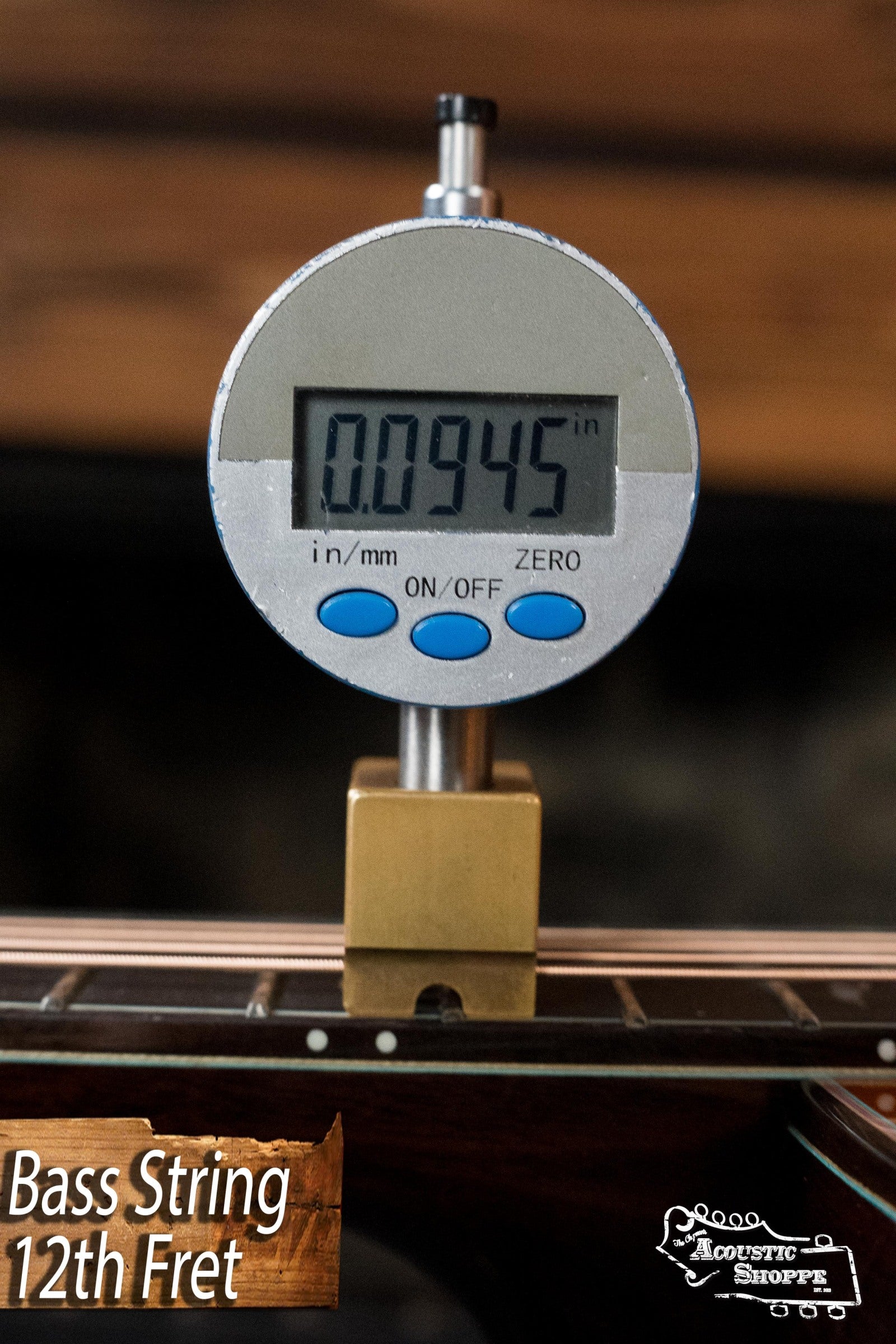 Digital gauge measuring 0.0945 inch thickness on 12th fret bass string of acoustic guitar neck. - Eastman AC722CE-DF European Spruce/Rosewood Dakota Fade Finish Grand Auditorium w/ LR Baggs Pickup #6872 - Default Title