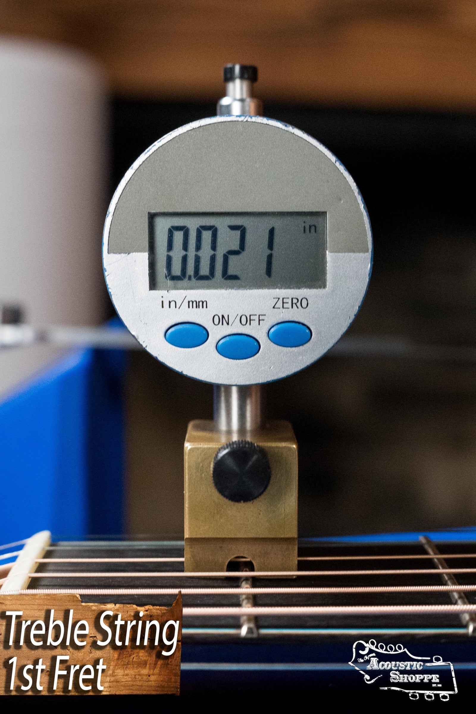 Digital gauge measuring 0.021 inch treble string height on acoustic guitar neck. - Eastman AC722CE-DF European Spruce/Rosewood Dakota Fade Finish Grand Auditorium w/ LR Baggs Pickup #6872 - Default Title