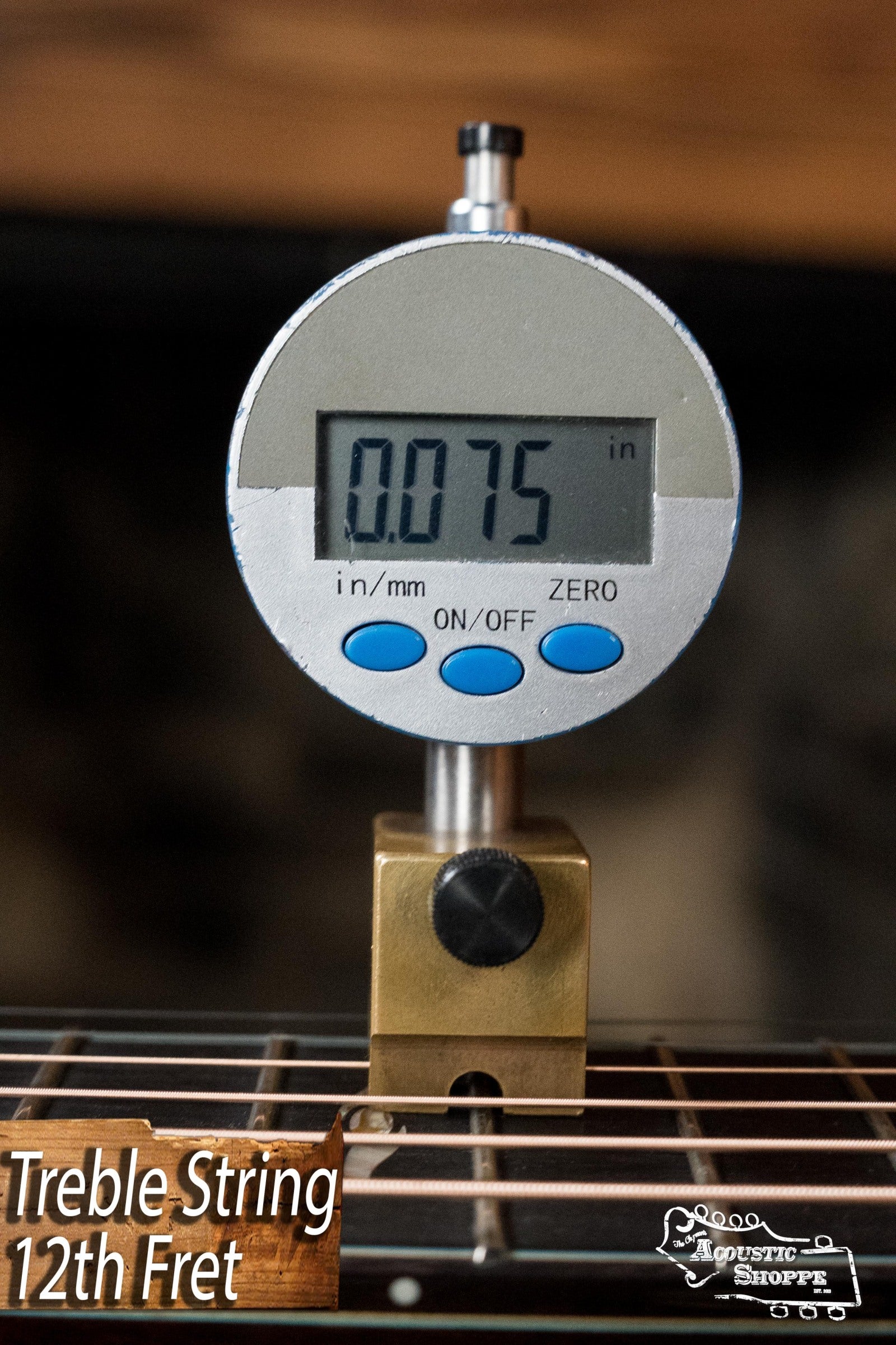 Digital gauge measuring 0.075 inch string action on treble string at 12th fret of acoustic guitar. - Eastman AC722CE-DF European Spruce/Rosewood Dakota Fade Finish Grand Auditorium w/ LR Baggs Pickup #6872 - Default Title