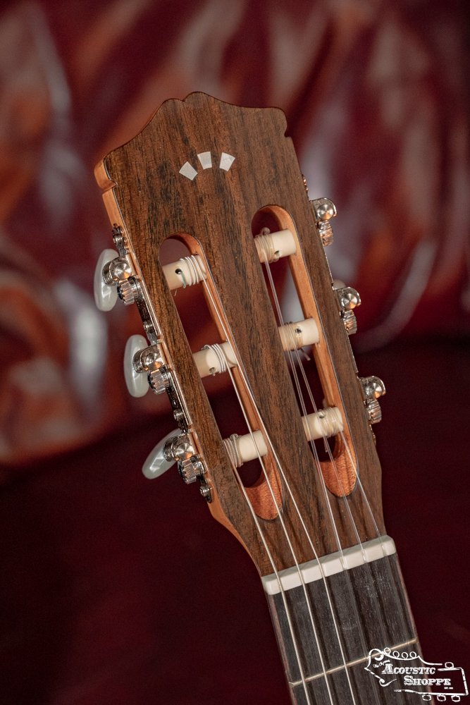 Close-up of the Cordoba C3M Red Cedar/Mahogany Classical Guitar #8691 headstock, showing nylon strings, pearl tuning pegs, and a dark wood finish by Cordoba against a softly blurred reddish-brown background.