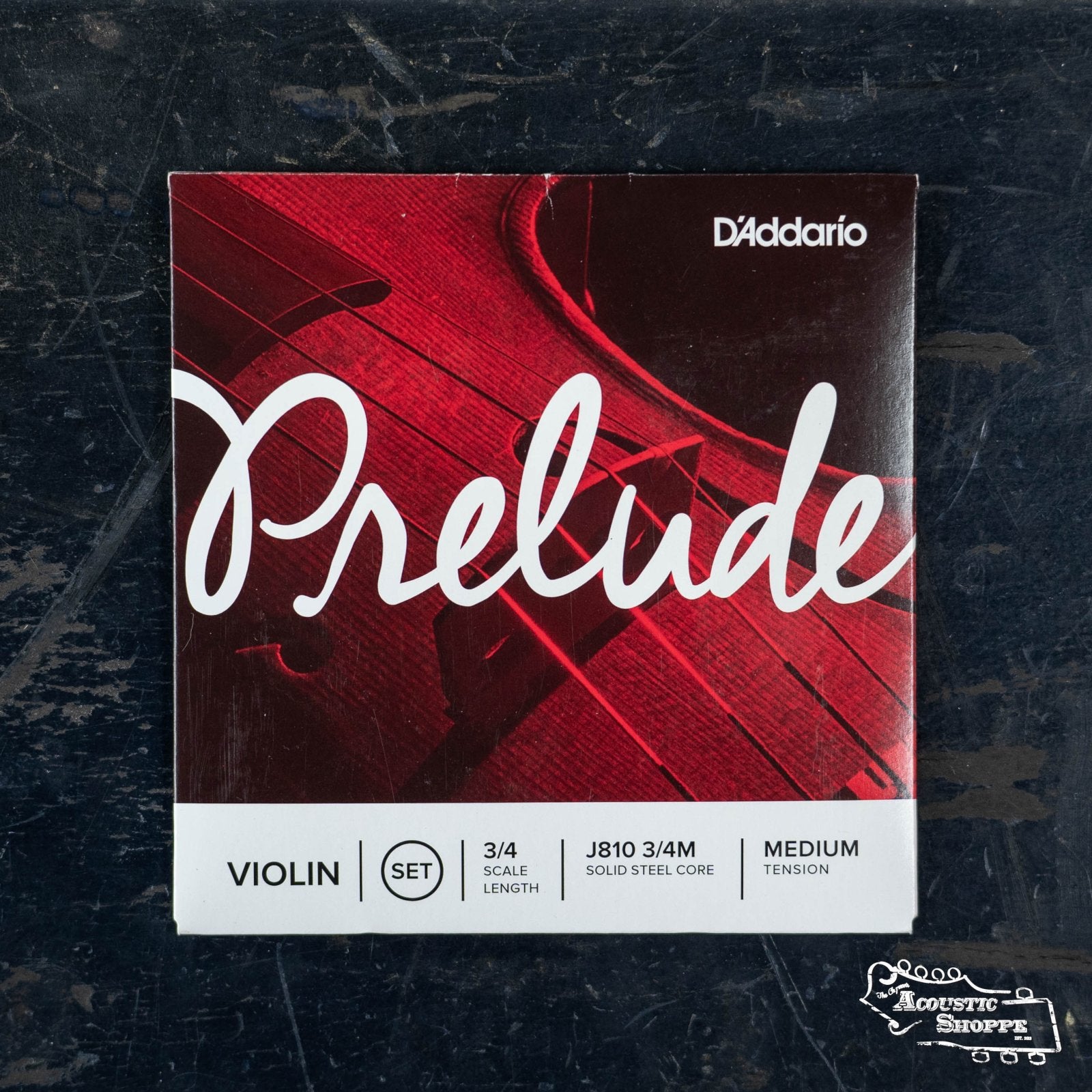 The D'Addario Prelude Violin String Set 3/4 (J810) features medium tension solid steel core strings for student violins. Packaged with a violin close-up image, these strings are ideal for 3/4 size violins.