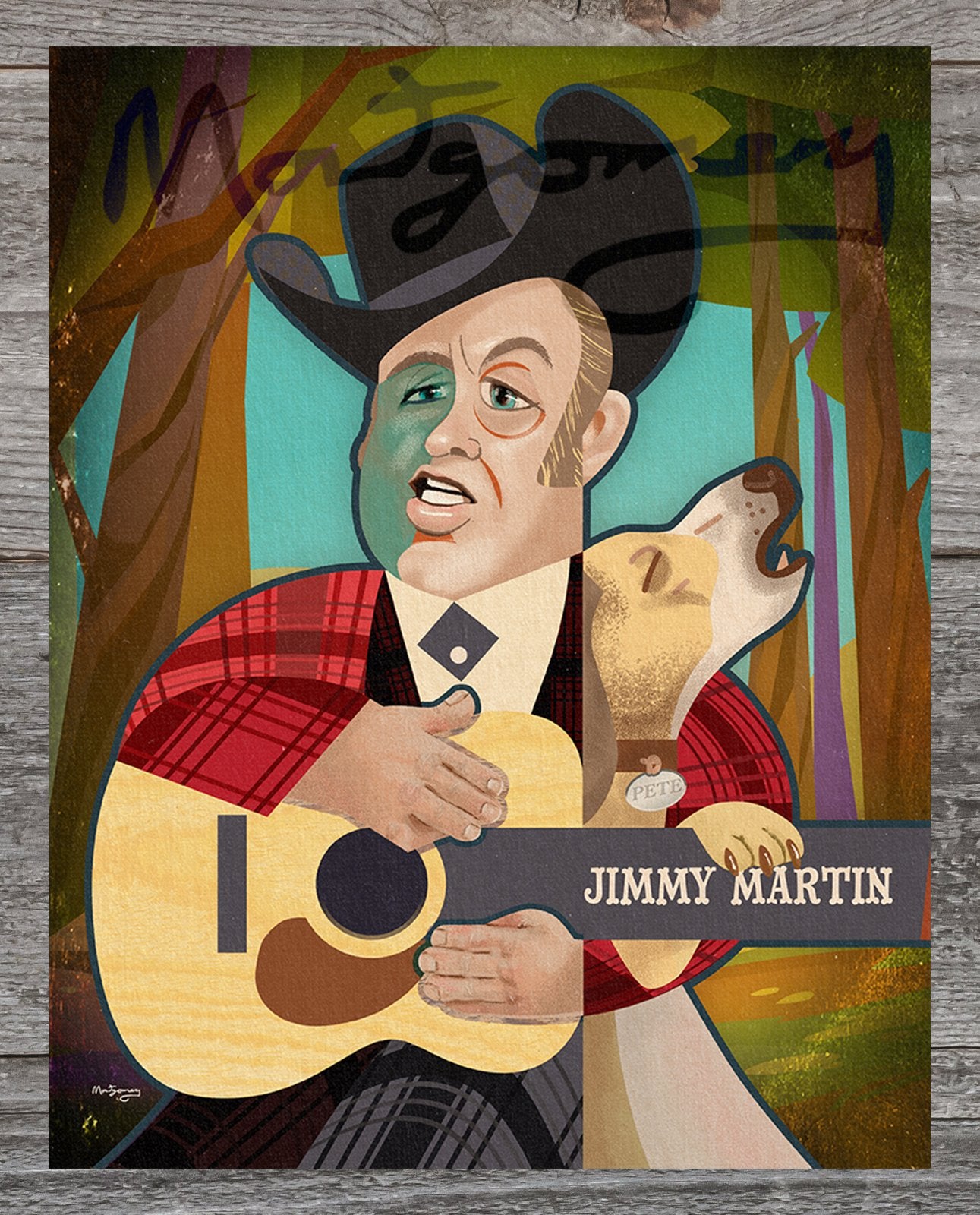 Jimmy Martin 11x14 Fine Art Print by Mark A Montgomery from The Acoustic Shoppe features an illustrated cowboy singing and playing guitar alongside a howling dog in the woods. The signed digital print adds character to any collection.